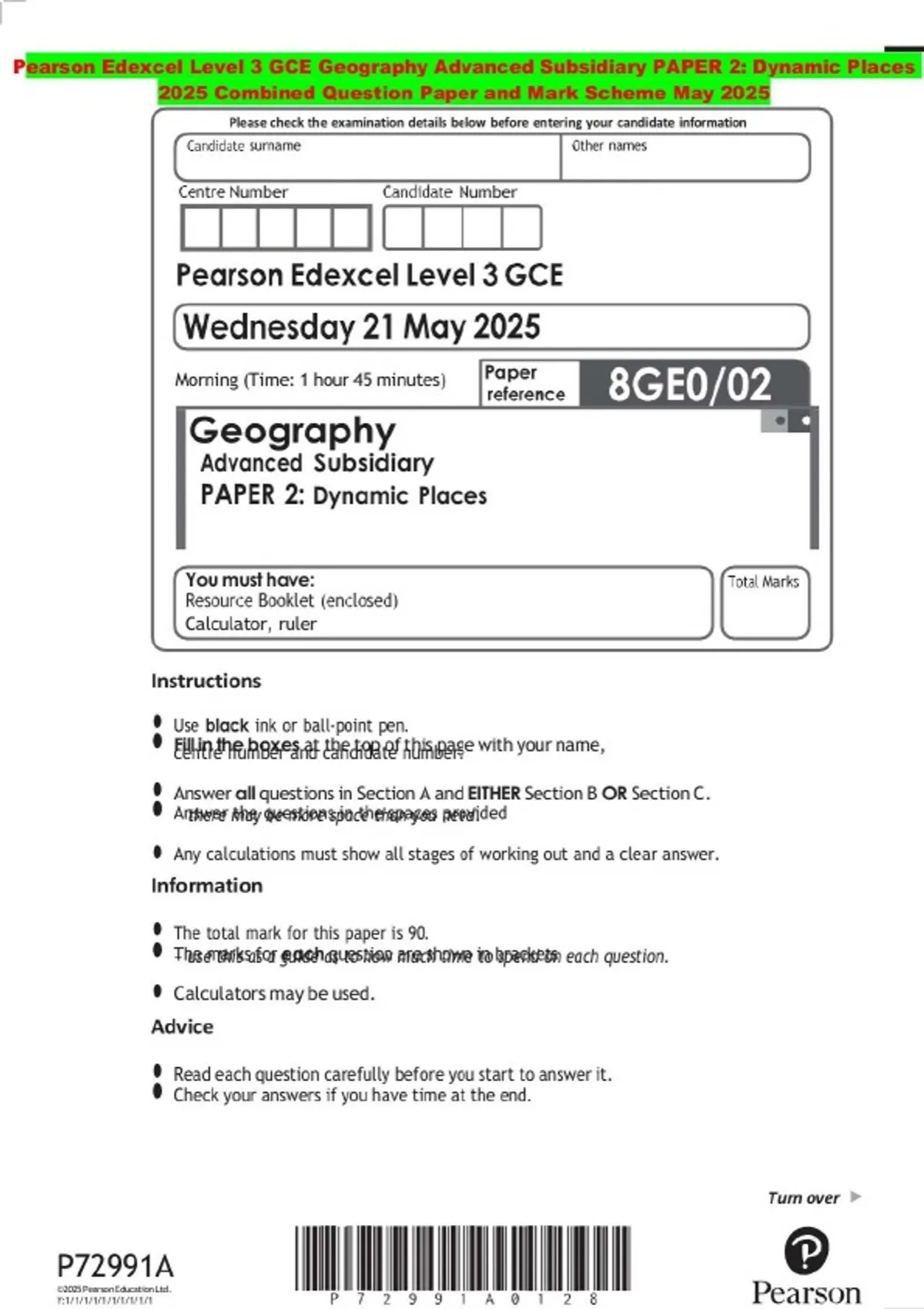 Pearson Edexcel Level 3 GCE Geography Advanced Subsidiary PAPER 2 ...