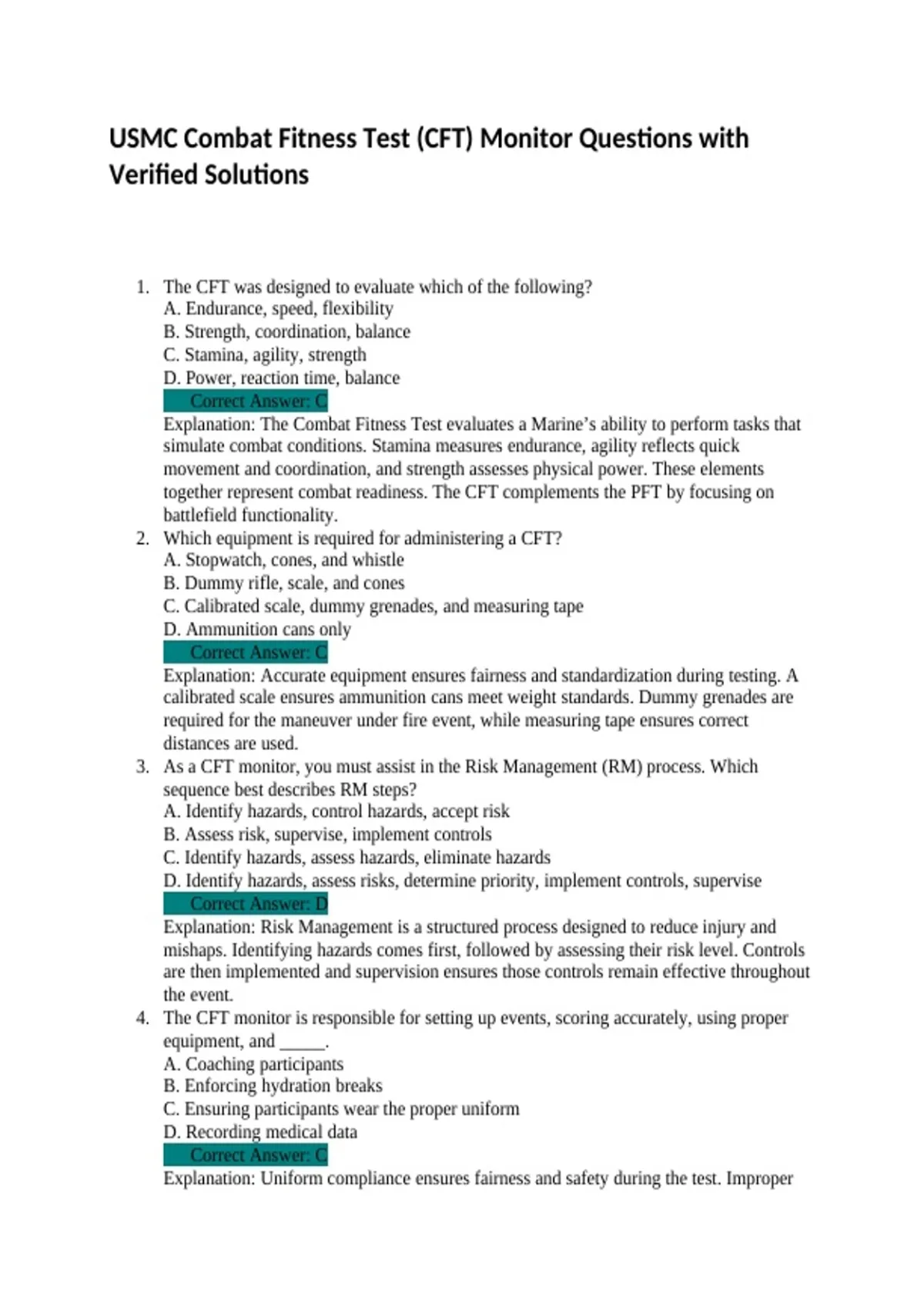 USMC Combat Fitness Test (CFT) Monitor Questions with Verified ...