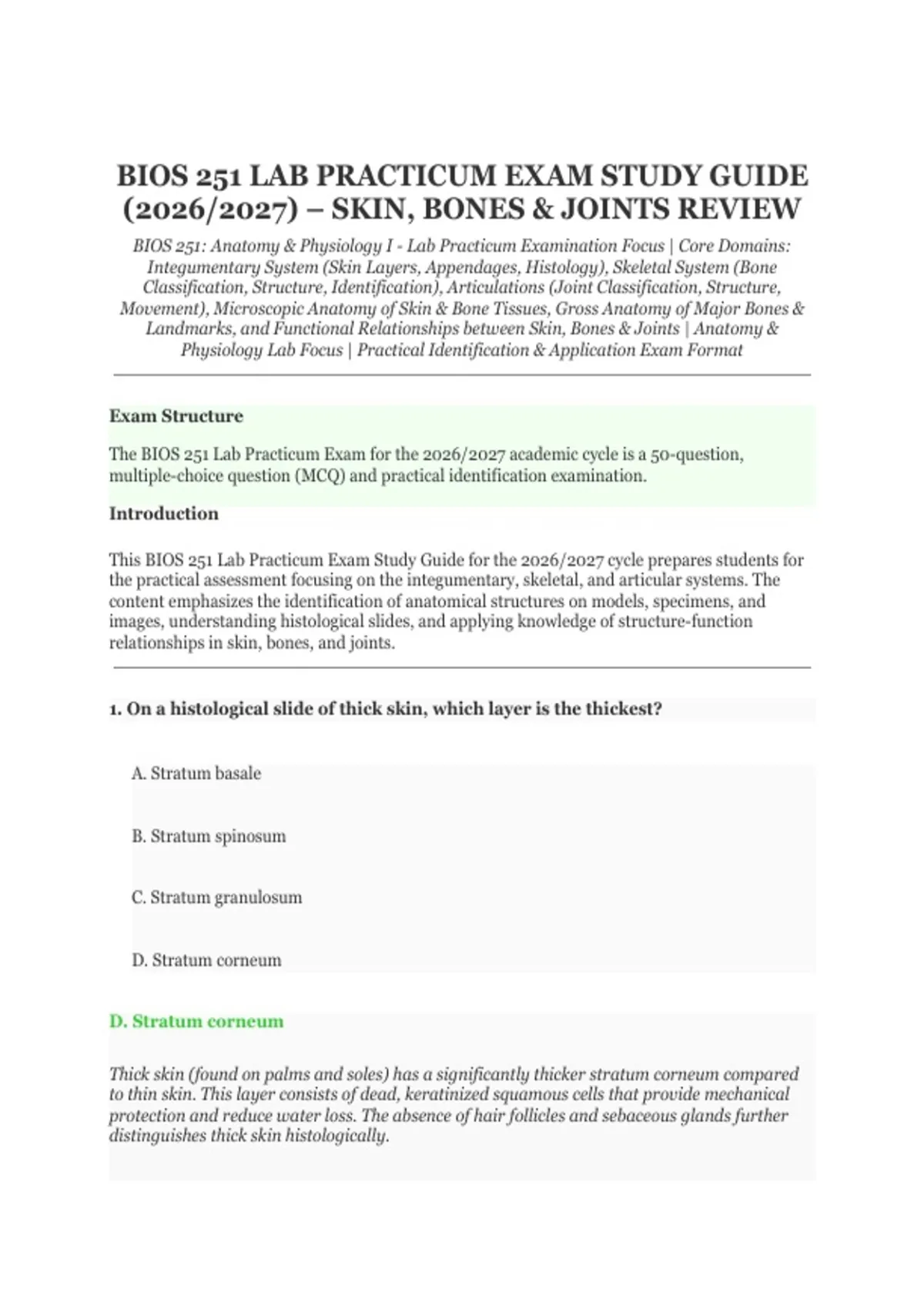 BIOS 251 Lab Practicum Exam Study Guide 2026/2027 – Skin, Bones ...
