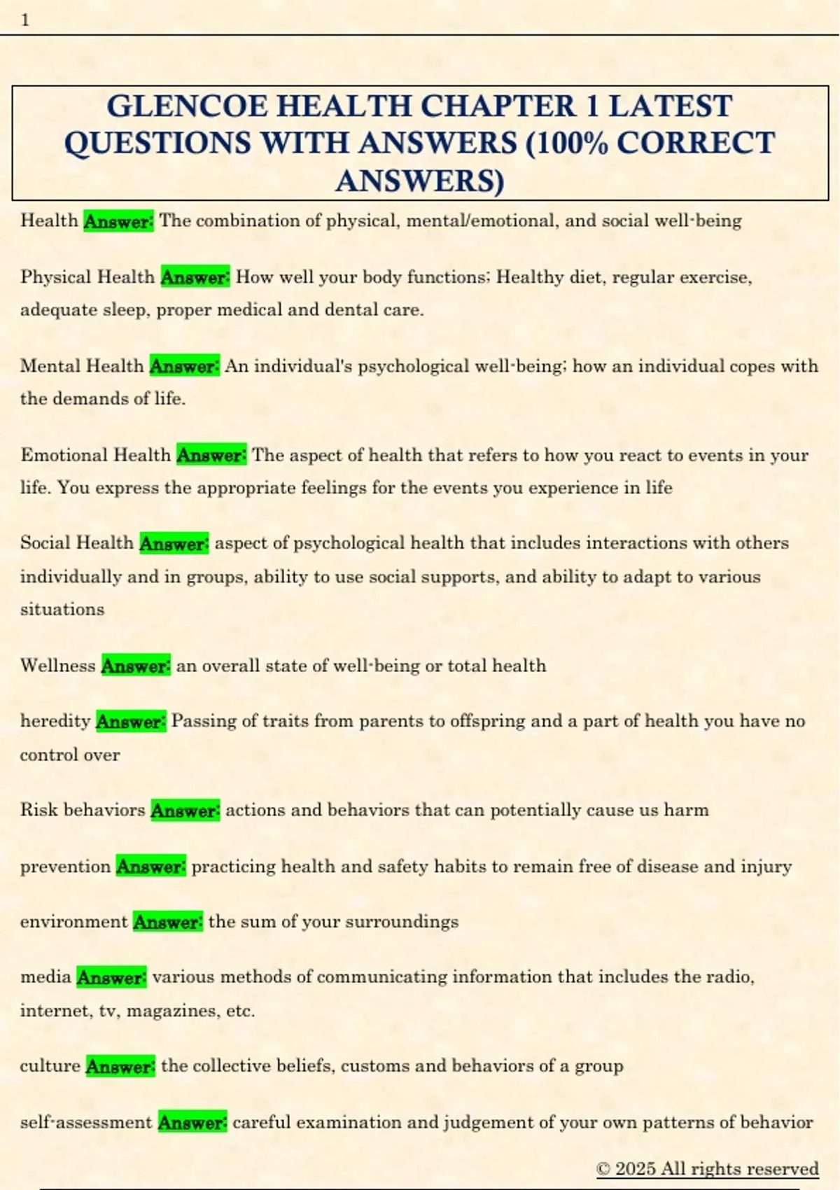 GLENCOE HEALTH CHAPTER 1 LATEST QUESTIONS WITH ANSWERS (100% CORRECT ...