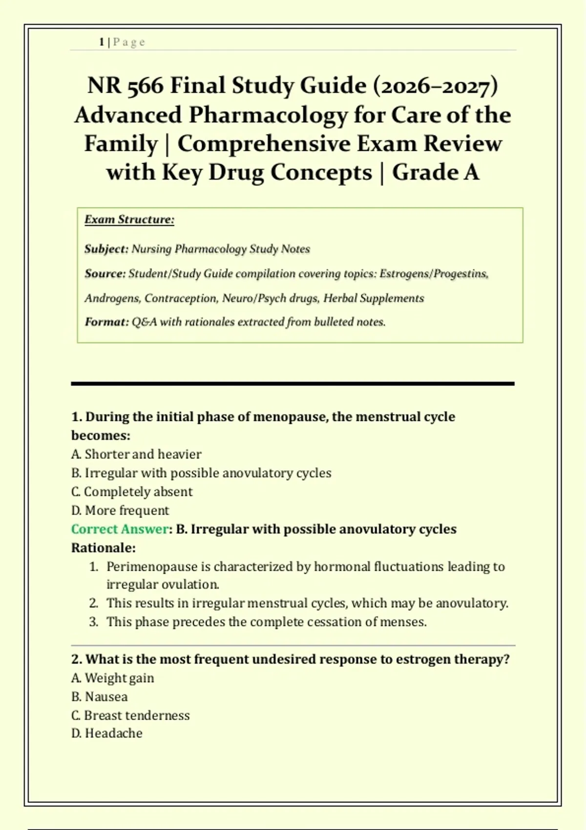 NR 566 Final Study Guide (2026–2027) Advanced Pharmacology for Care of ...