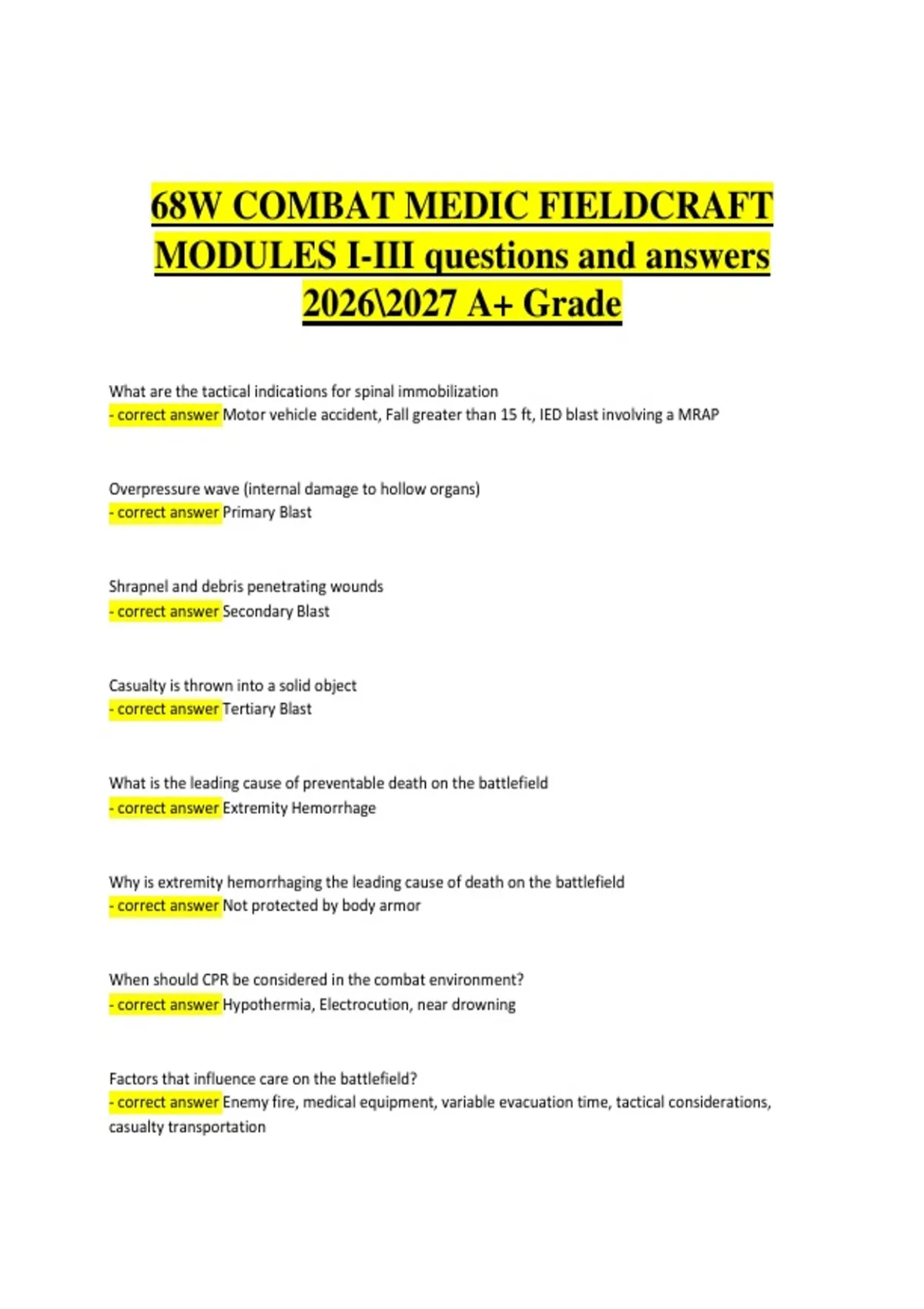 68W Combat Medic Fieldcraft Modules I–III – Questions and Answers 2026 ...