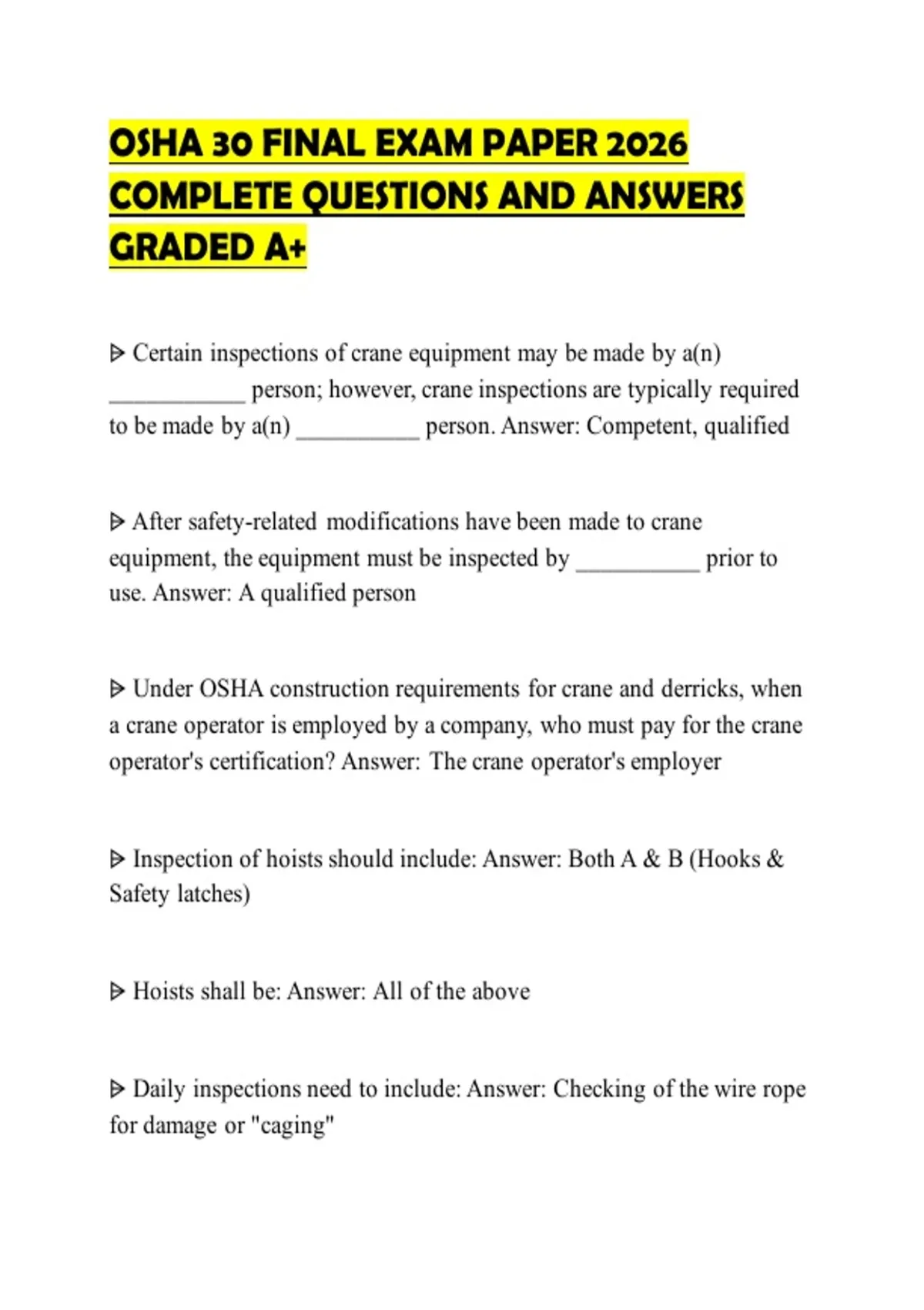 OSHA 30 EXAMINATION TEST 2026 QUESTIONS WITH ANSWERS GRADED A+ - Osha ...
