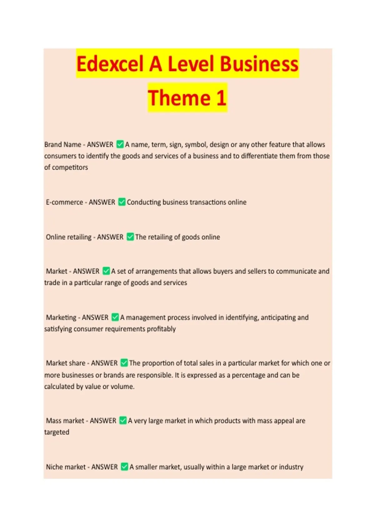 Edexcel A Level Business Theme 1 - EXAM STUDY GUIDE 2025/2026 ACCURATE ...