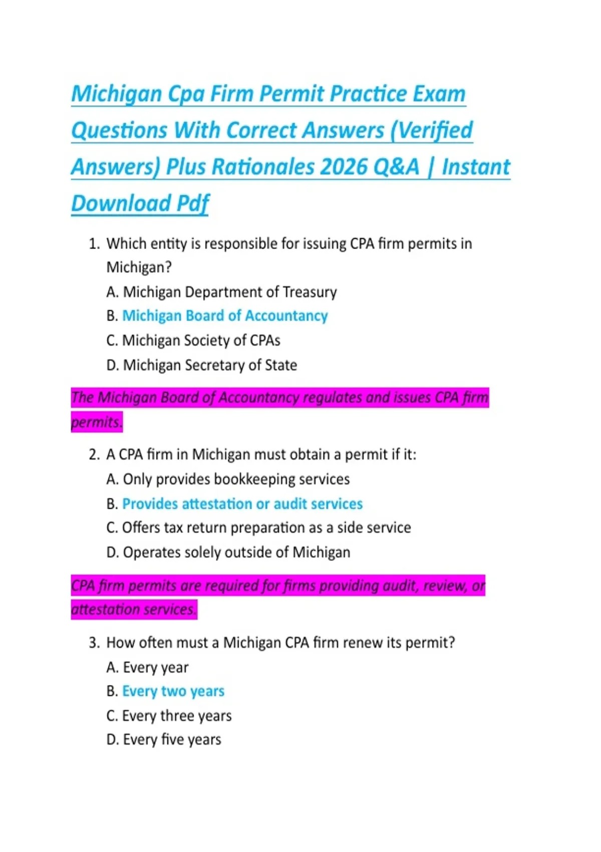 Michigan Cpa Example Michigan Cpa Firm Permit Practice Exam Questions With Correct Answers ...