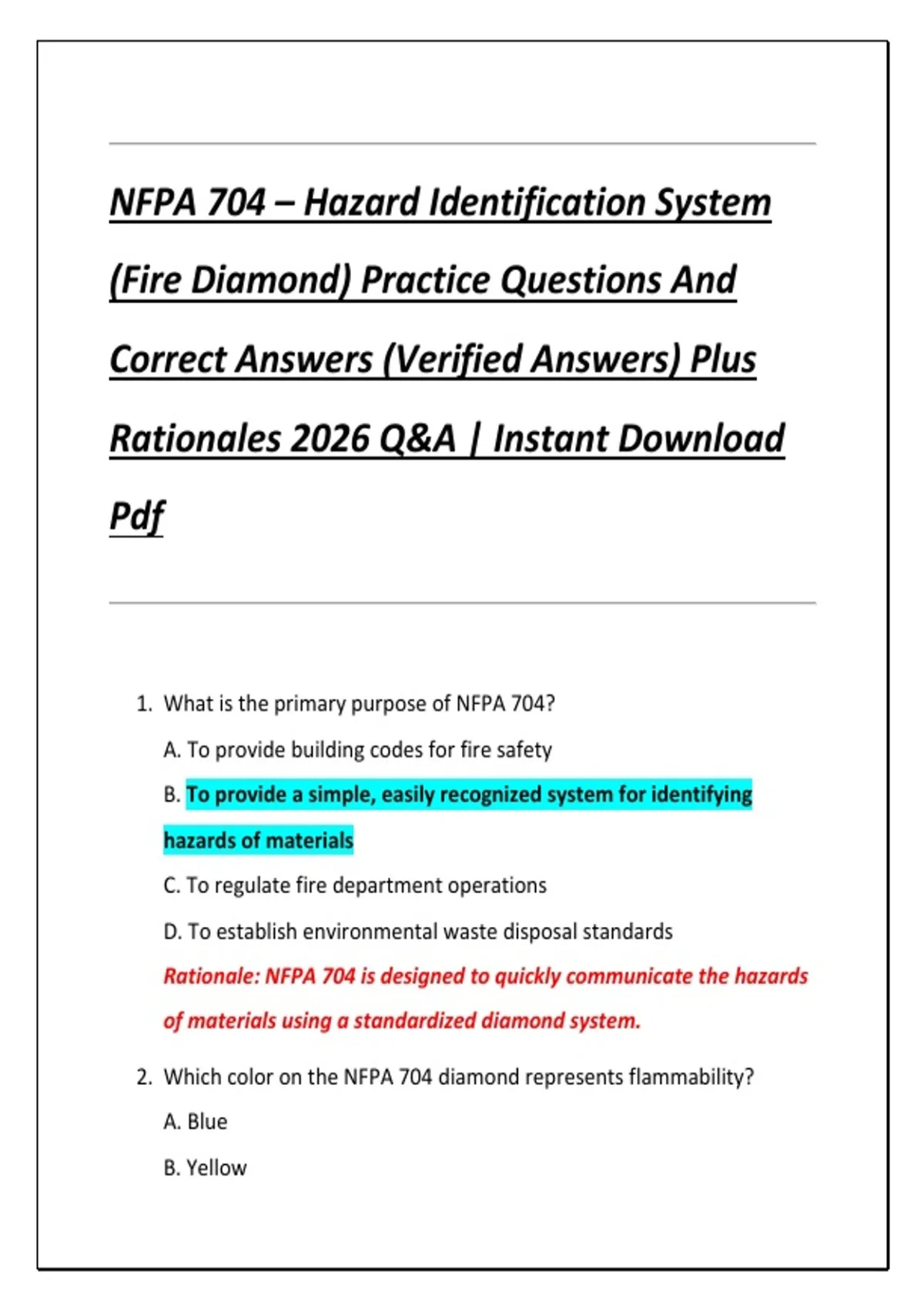 Nfpa 704 Example NFPA 704 – Hazard Identification System (Fire Diamond) Practice ...