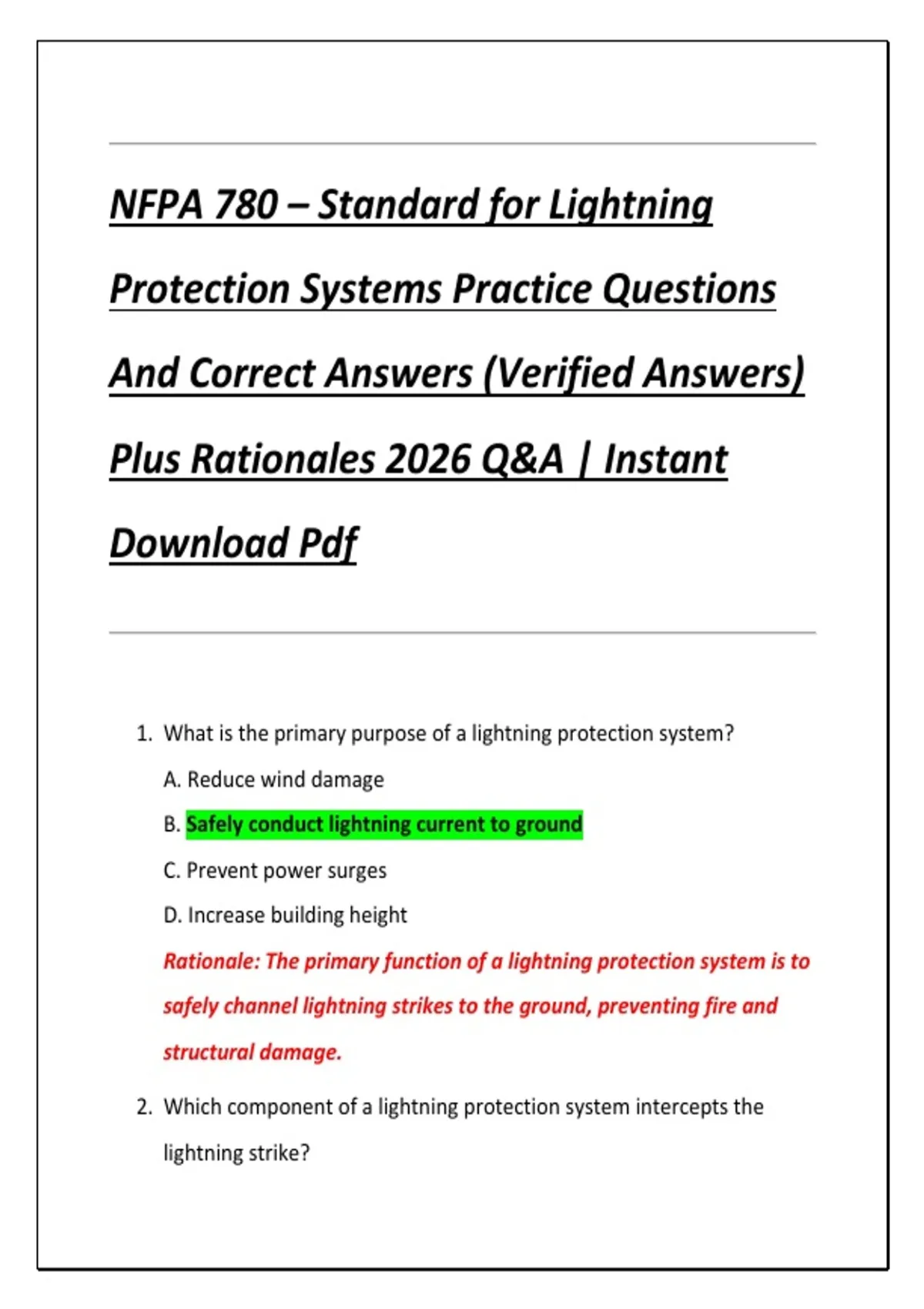 NFPA 780 – Standard for Lightning Protection Systems Practice Questions ...