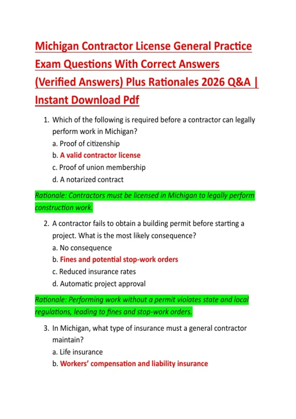 Michigan Contractor License General Practice Exam Questions With Correct Answers (Verified ...
