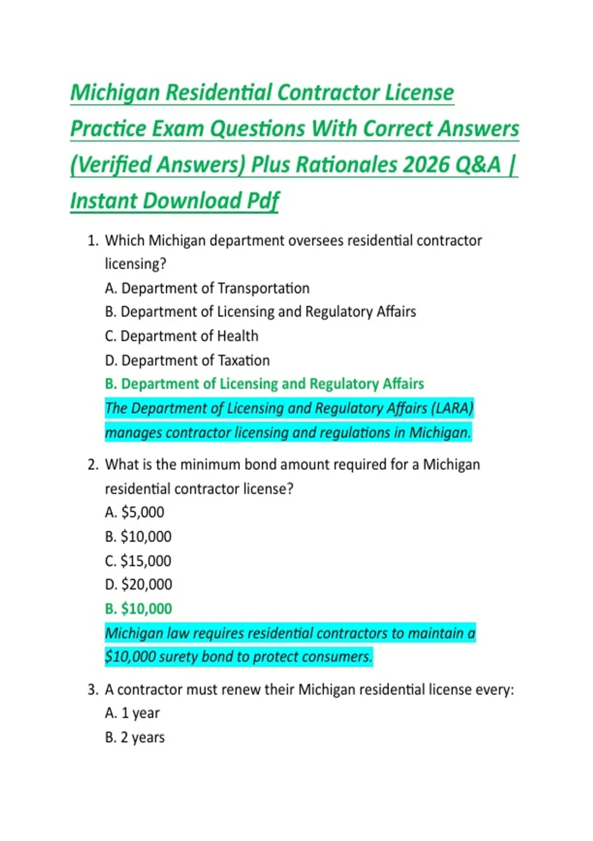Michigan Residential Contractor License Practice Exam Questions With ...