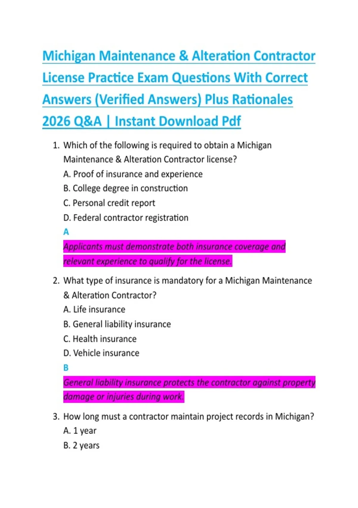 Michigan Maintenance & Alteration Contractor License Practice Exam ...
