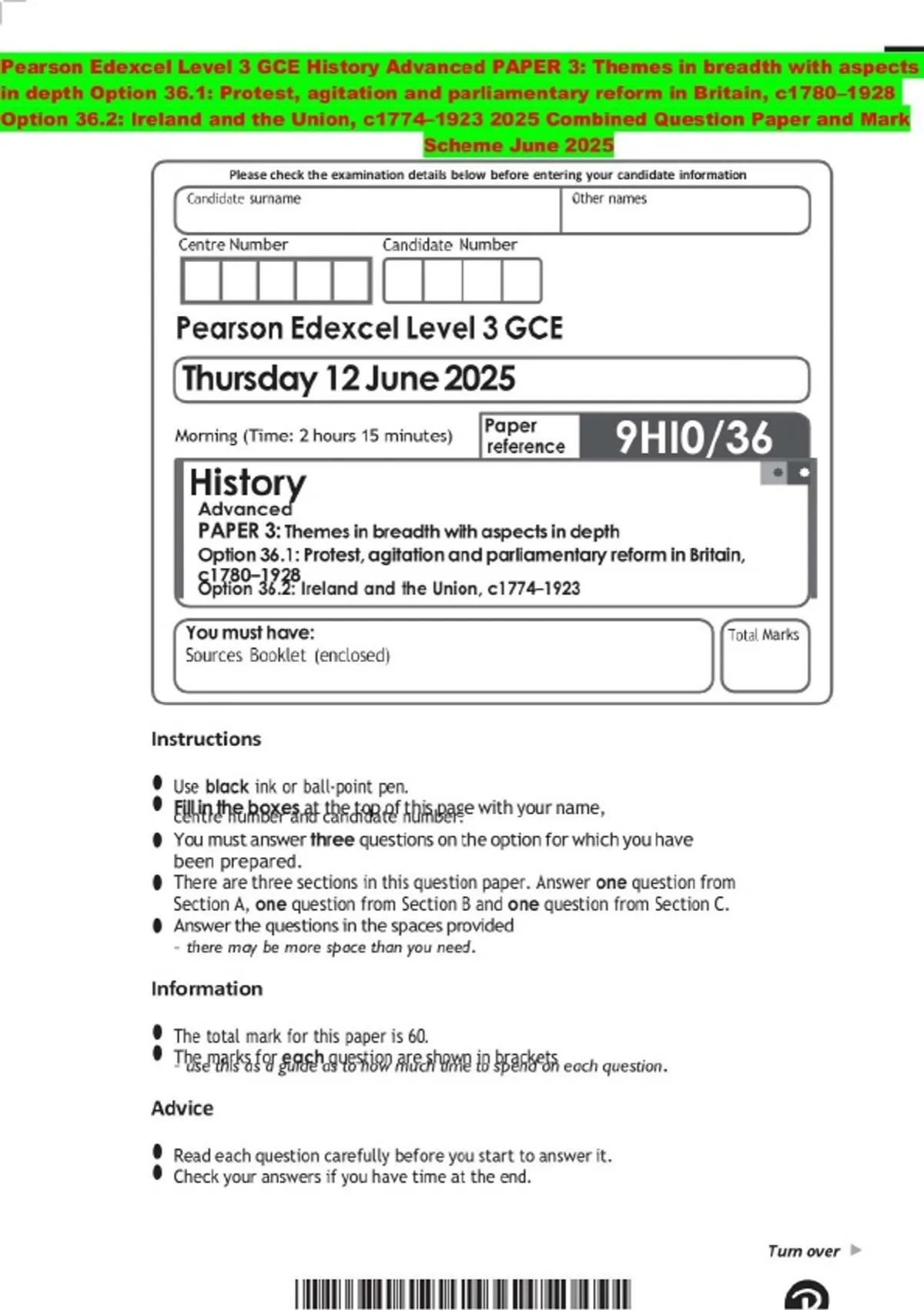 Pearson Edexcel Level 3 GCE History Advanced PAPER 3: Themes in breadth ...