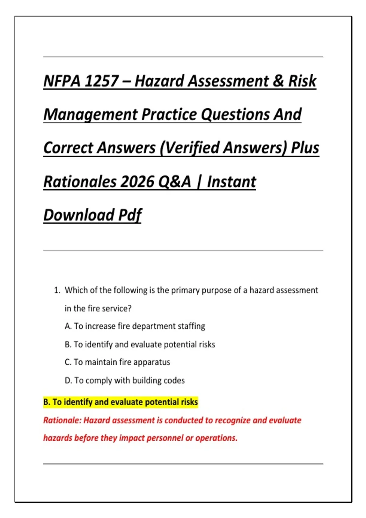 NFPA 1257 – Hazard Assessment & Risk Management Practice Questions And ...