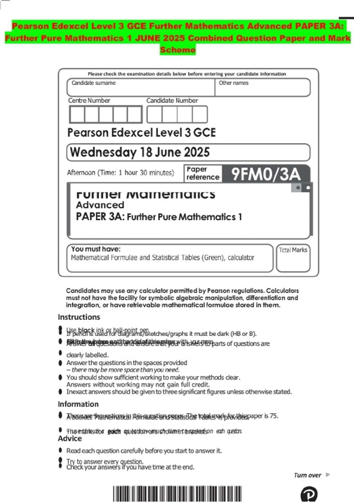 Pearson Edexcel Level 3 GCE Further Mathematics Advanced PAPER 3A ...