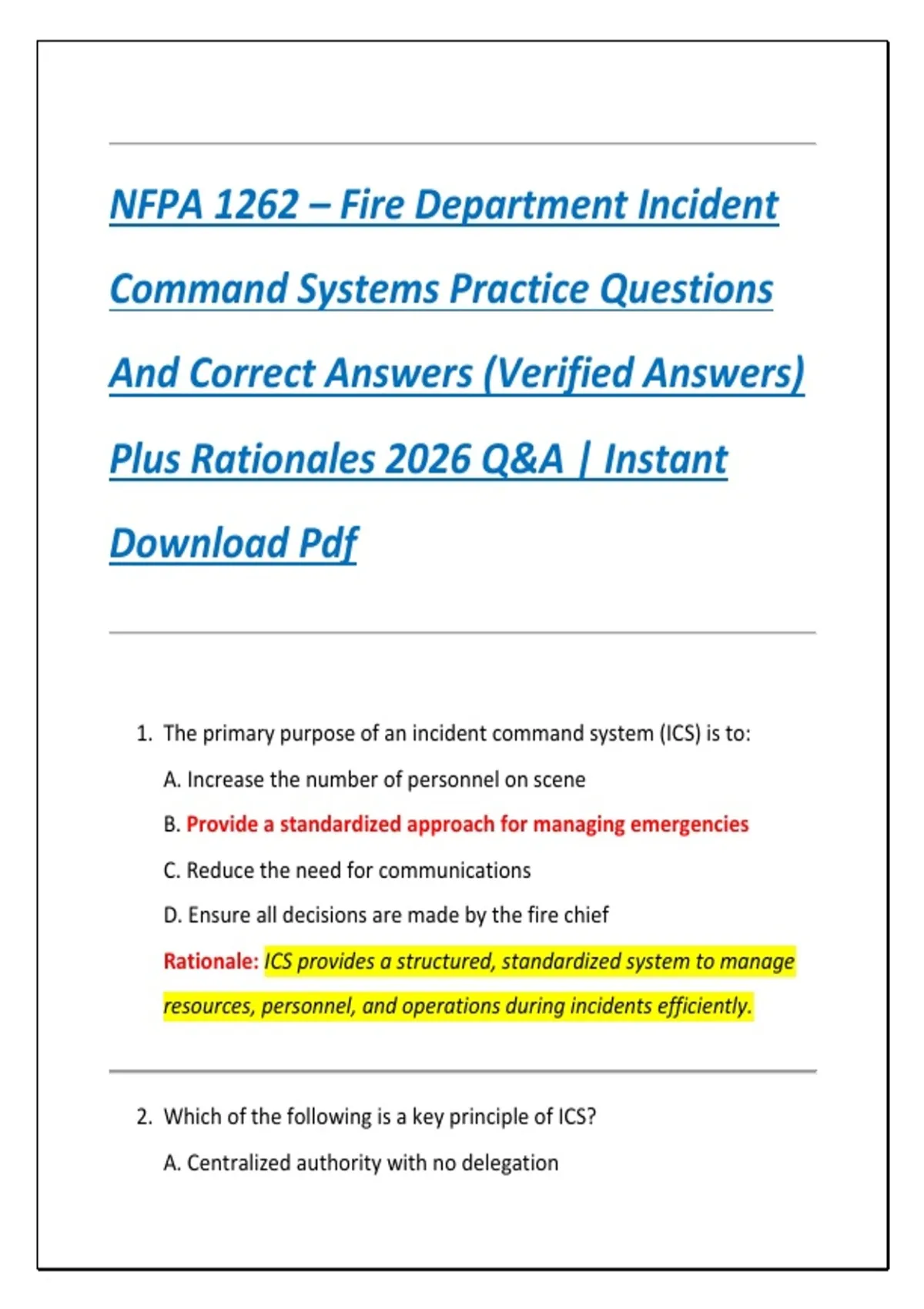 NFPA 1262 – Fire Department Incident Command Systems Practice Questions ...