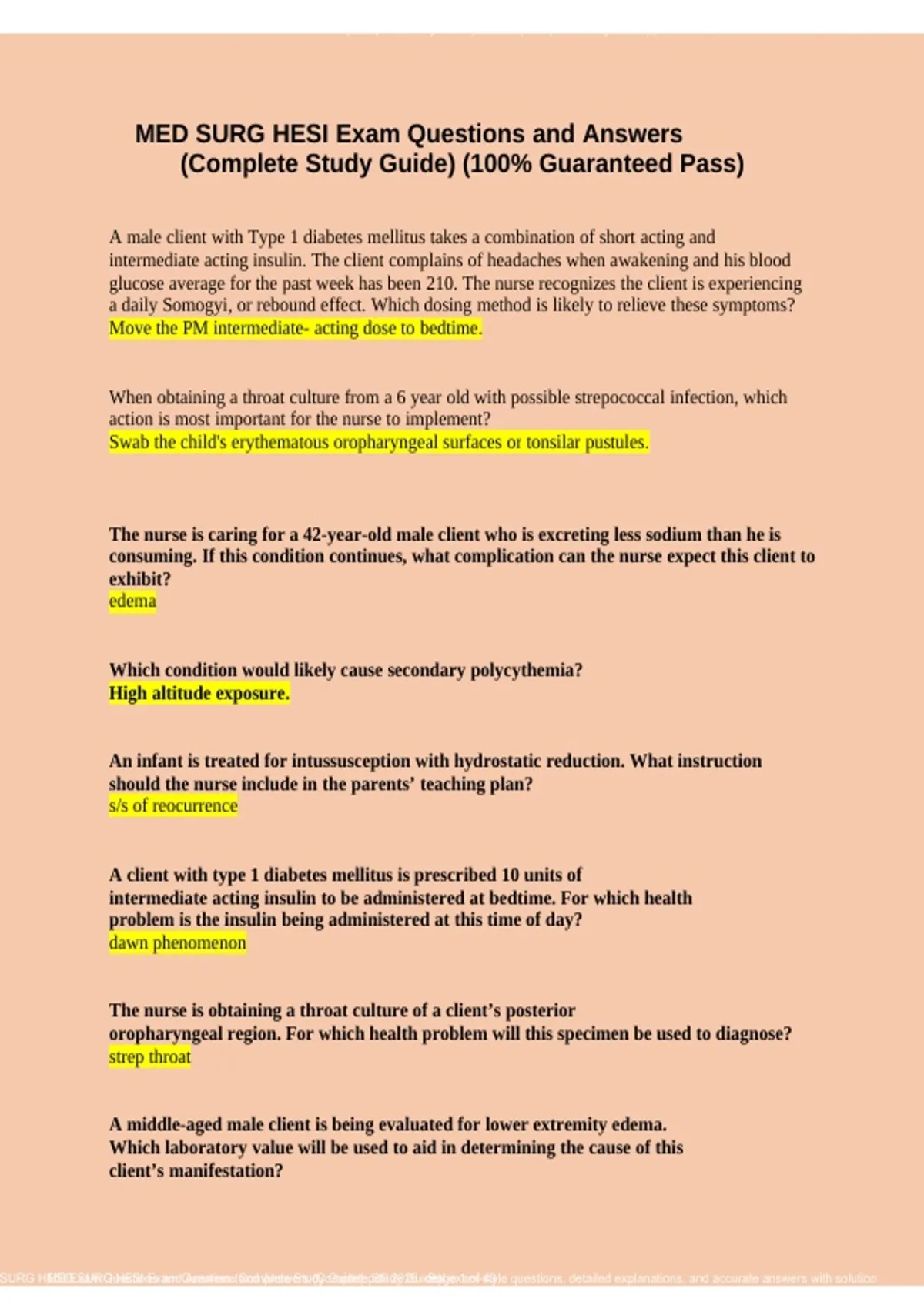 Med Surg HESI Exam Questions and Answers Complete Study Guide Converted ...