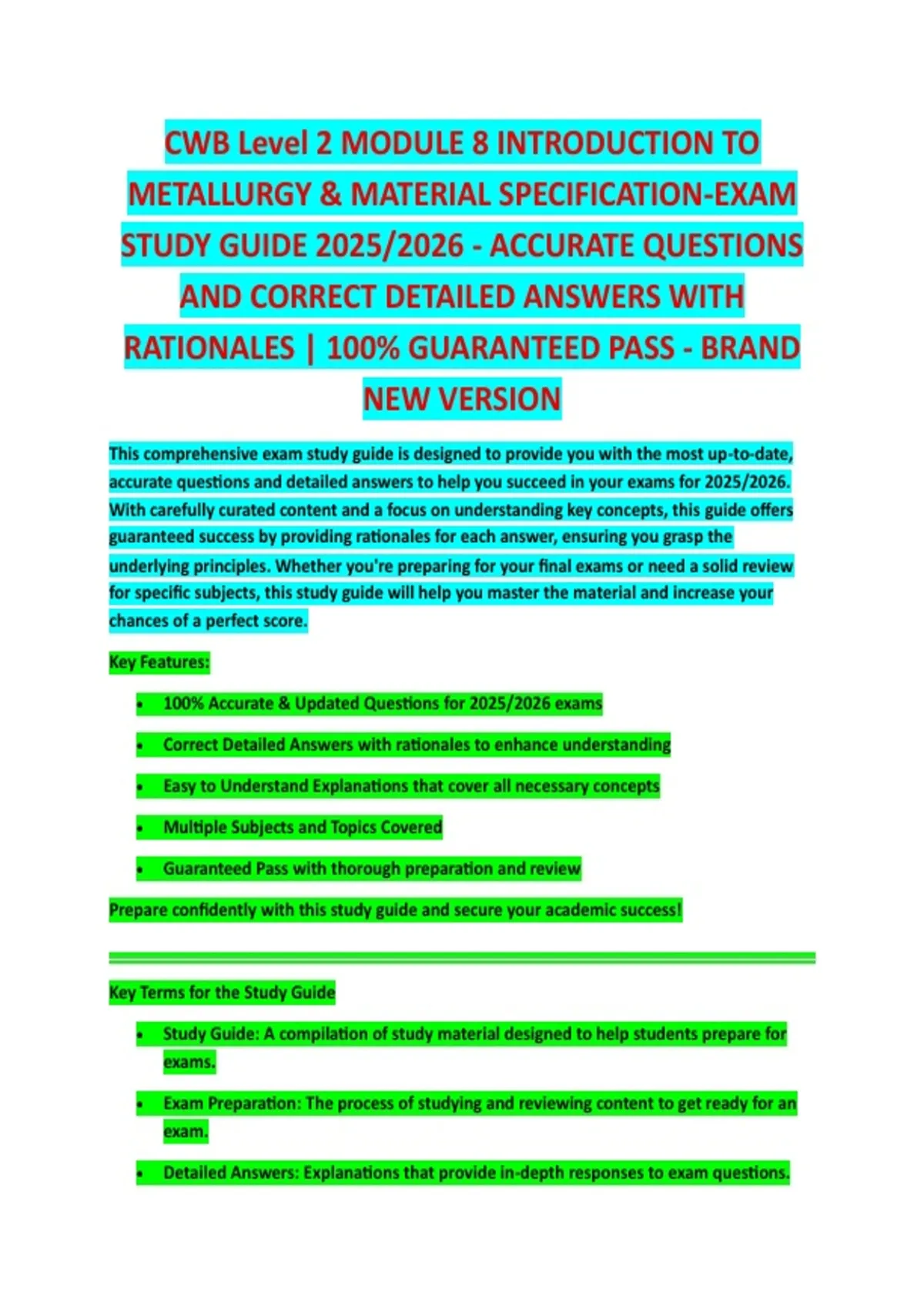 CWB Level 2 MODULE 8 Introduction to Metallurgy - EXAM STUDY GUIDE 2025 ...