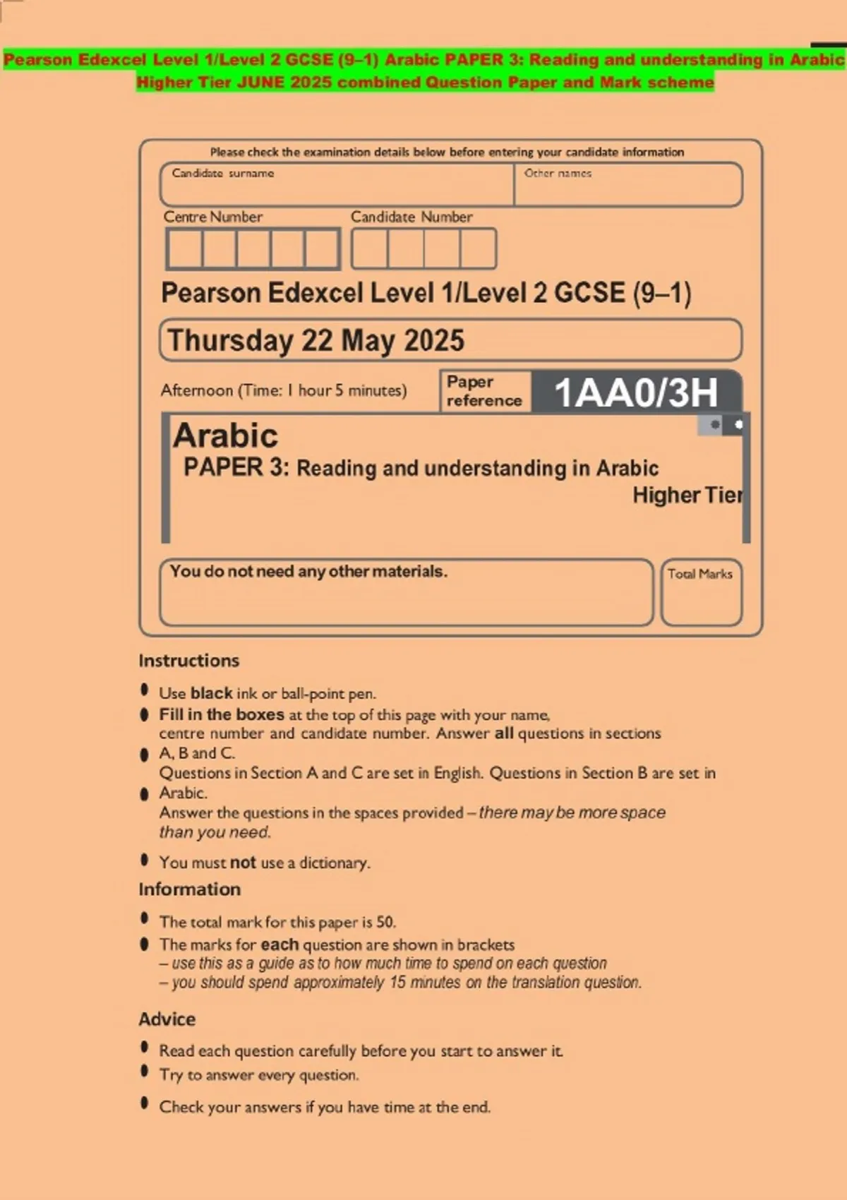 Pearson Edexcel Level 1/Level 2 GCSE (9–1) Arabic PAPER 3: Reading and ...