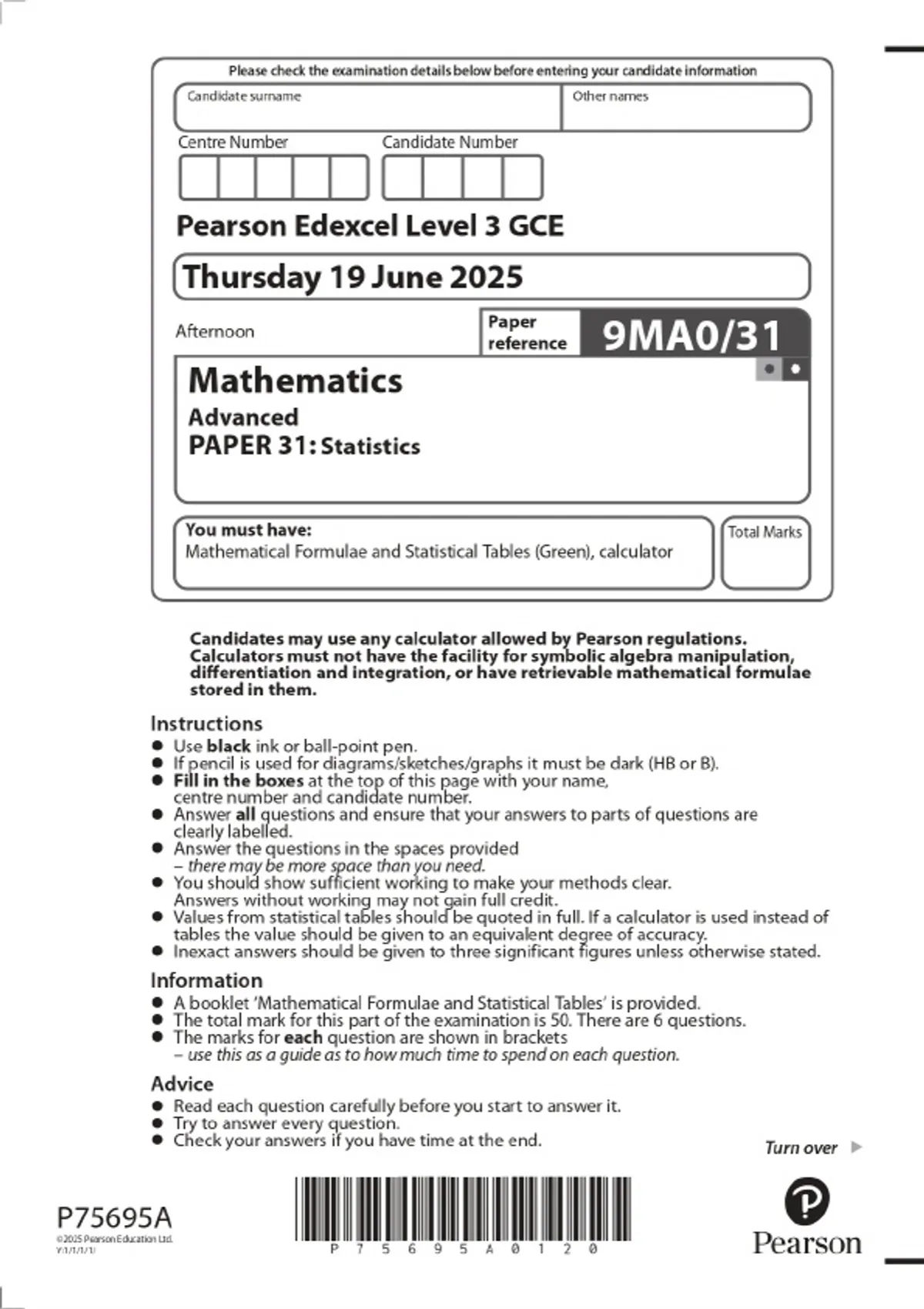 2025 Pearson Edexcel Level 3 GCE Mathematics Advanced PAPER 31 ...