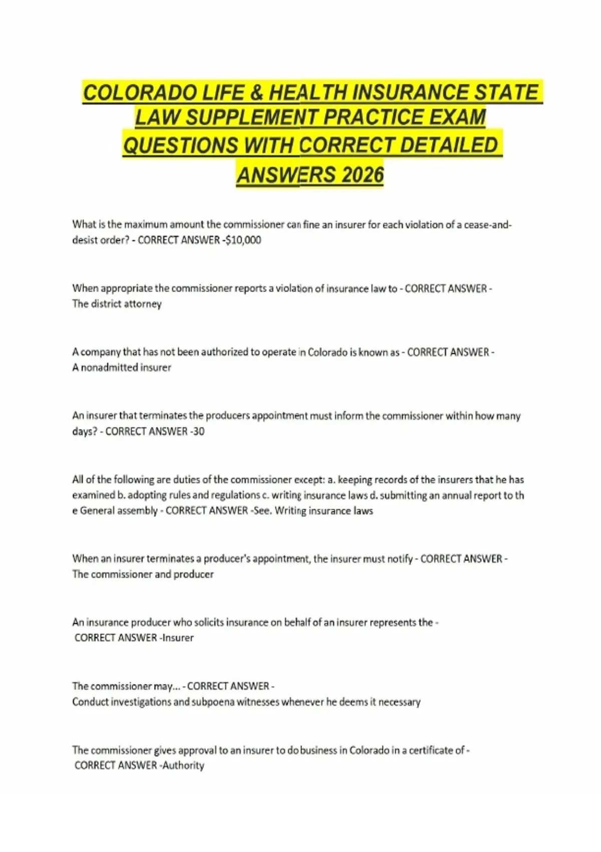 COLORADO LIFE INSURANCE FINAL EXAM PREP AG QUESTIONS WITH CORRECT ...