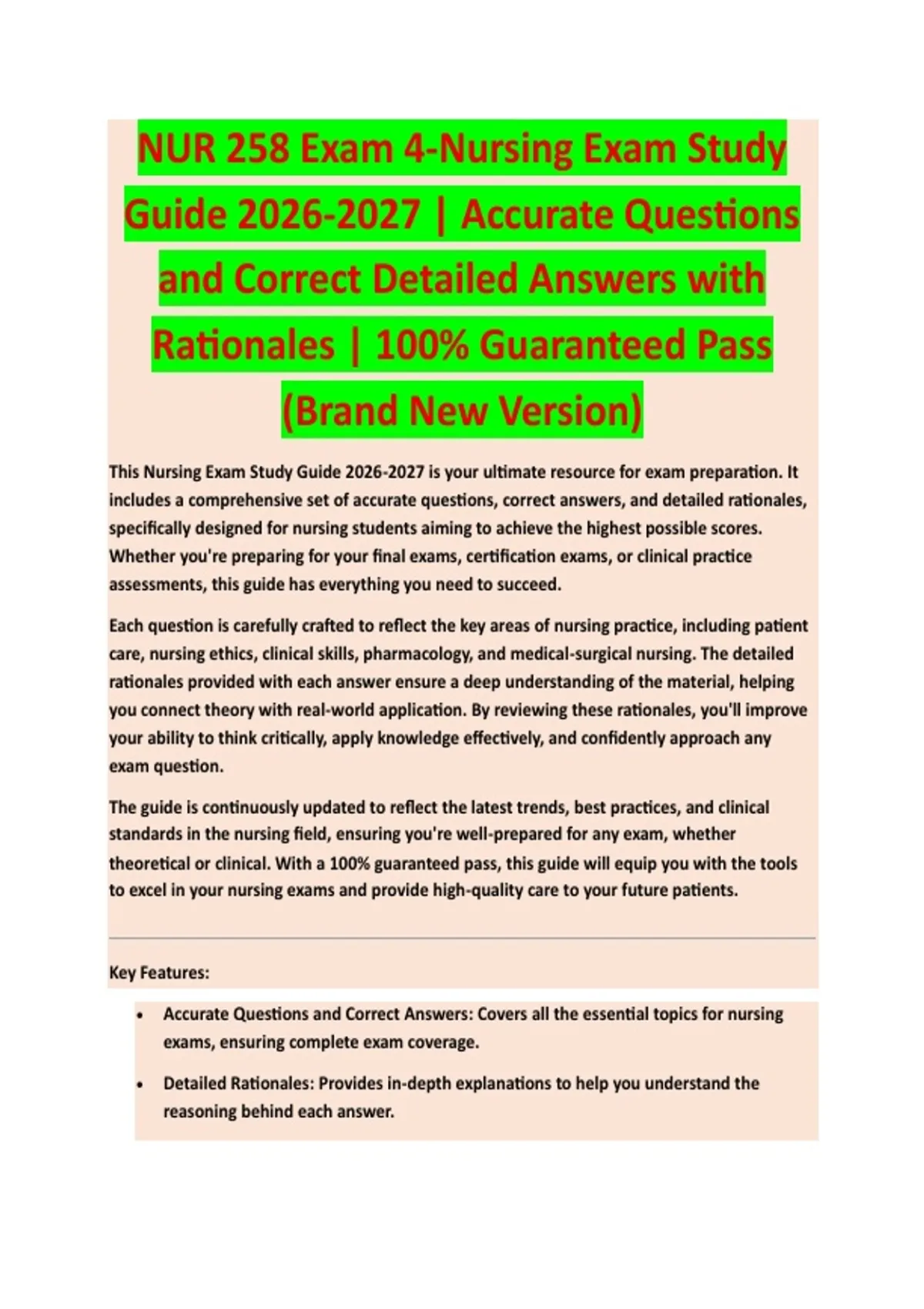 NUR 258 Exam 4 - NURSING EXAM STUDY GUIDE ACCURATE QUESTIONS AND ...