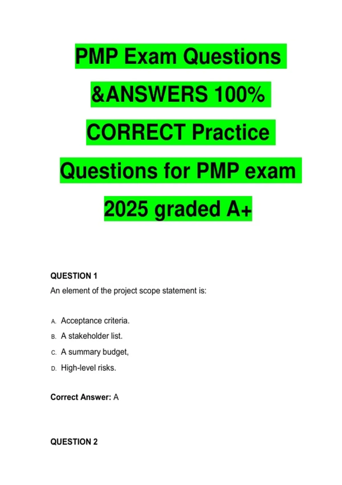 PMP Exam Questions and Answers 100% Correct Practice Questions for PMP ...