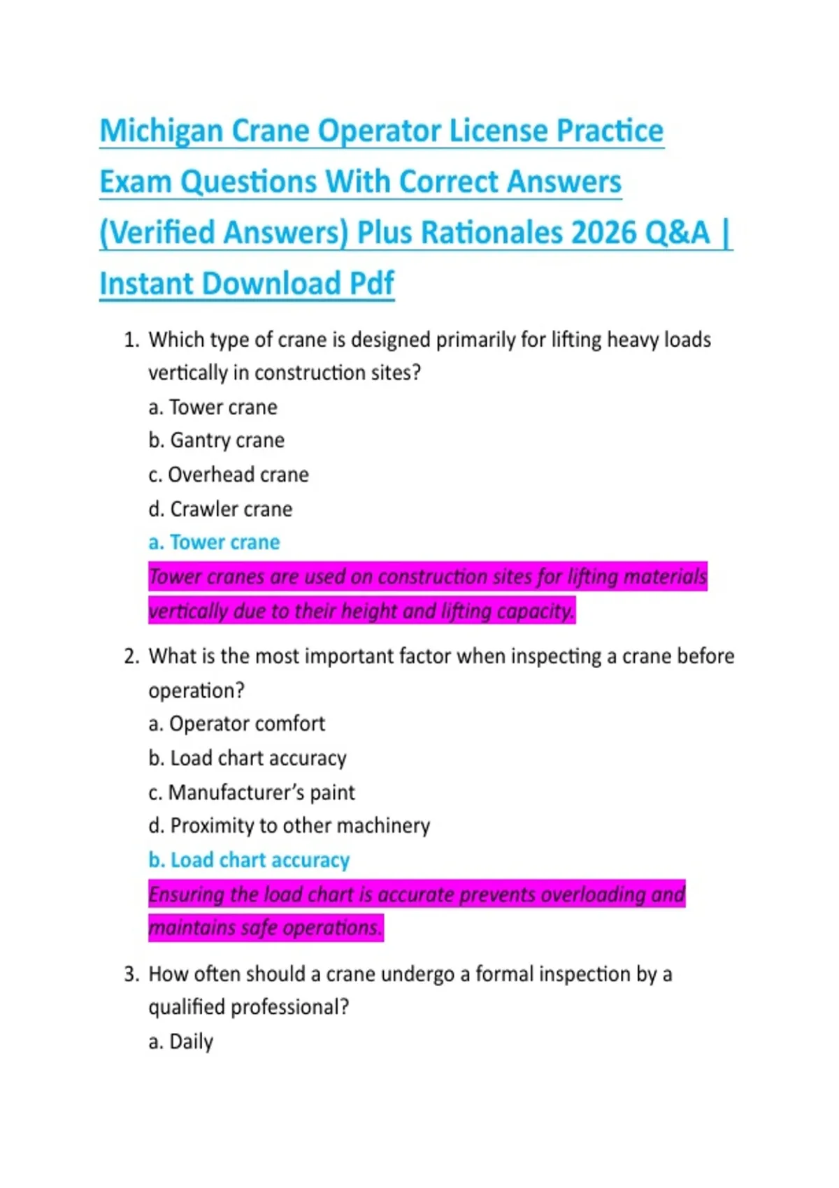 Michigan Crane Operator License Practice Exam Questions With Correct ...