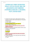AP BIOLOGY FIRST SEMESTER FINAL ACTUAL EXAM 2026 &vert; 150 QUESTIONS AND VERIFIED ANSWERS &vert;ALREADY A GRADED &vert; NEW AND REVISED