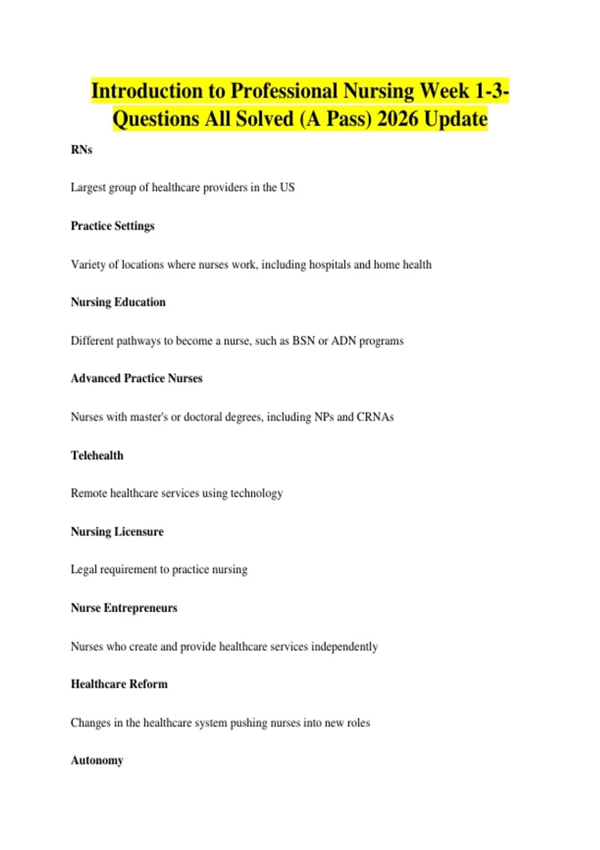 Introduction to Professional Nursing Week 1-3- Questions All Solved (A ...