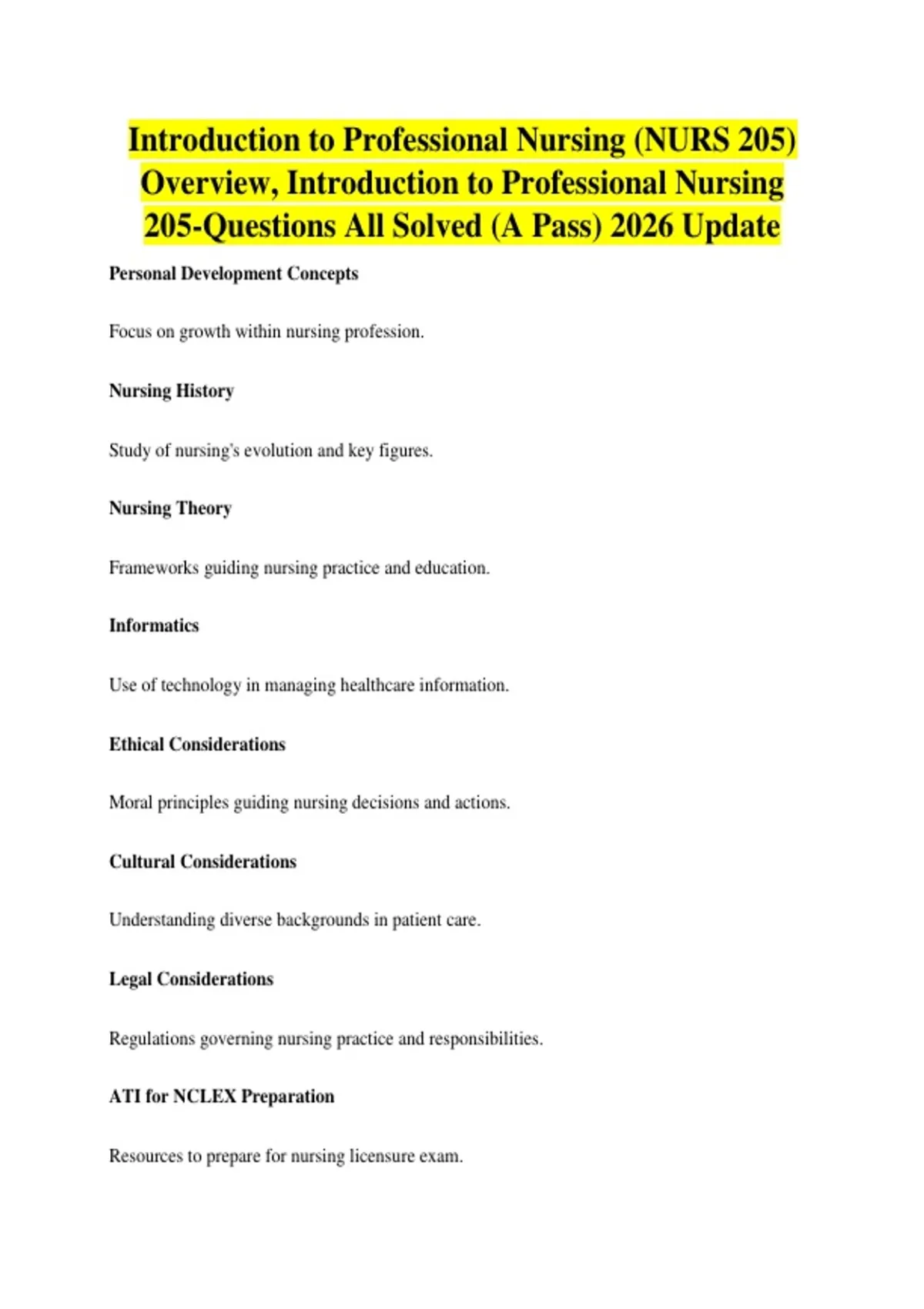 Introduction to Professional Nursing (NURS 205) Overview, Introduction ...
