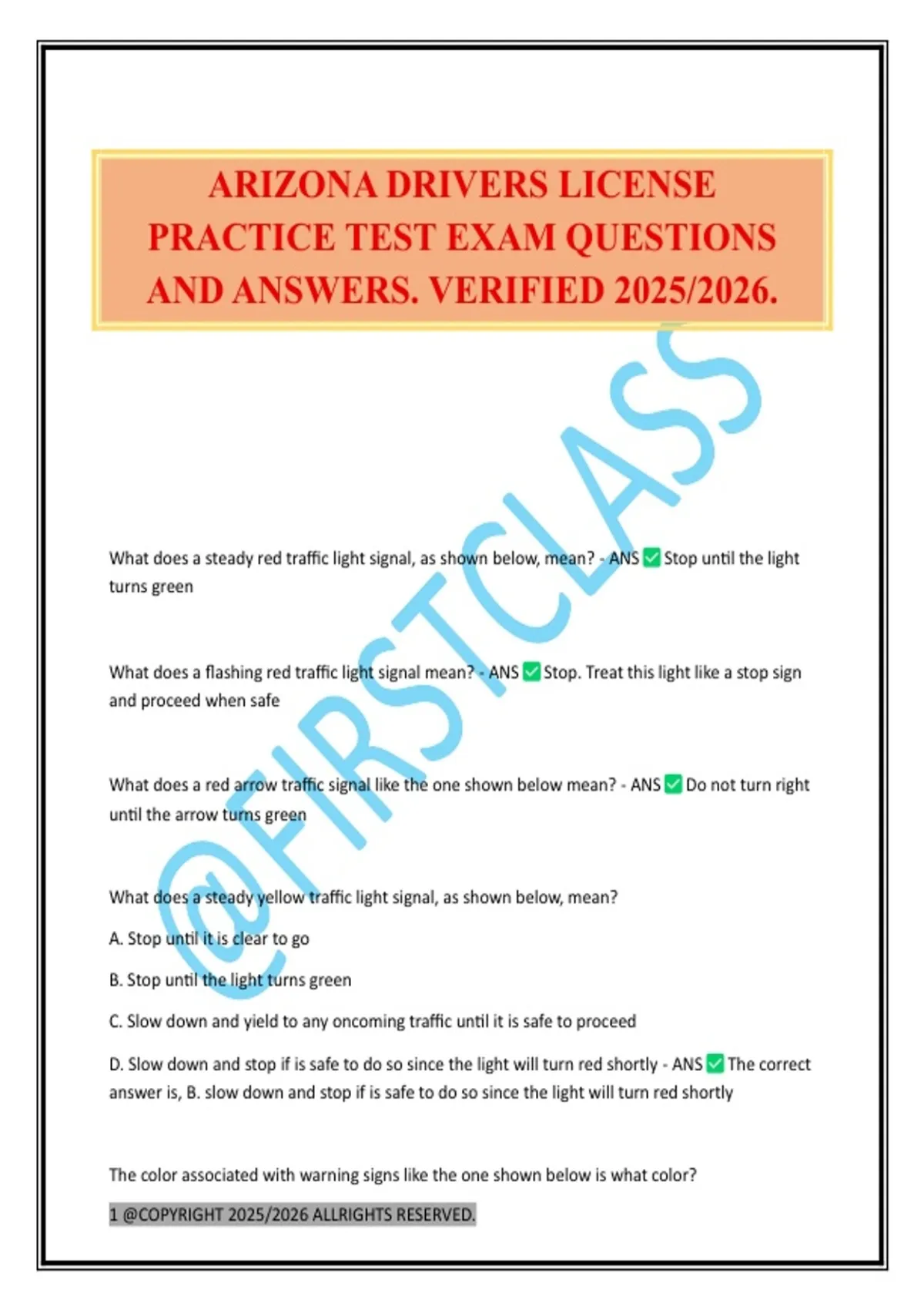 ARIZONA DRIVERS LICENSE PRACTICE TEST EXAM QUESTIONS AND ANSWERS. VERIFIED 2025/2026. - ARIZONA ...