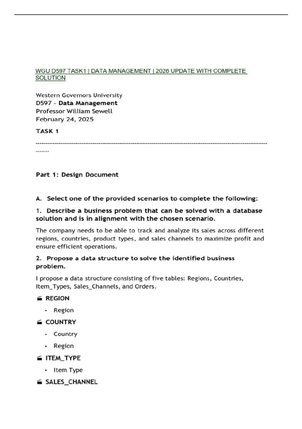 WGU D597 TASK1 | DATA MANAGEMENT | 2026 UPDATE WITH COMPLETE SOLUTION ...