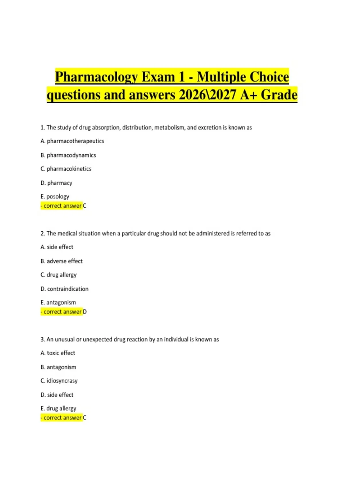 Pharmacology Exam 1 – Multiple Choice Questions and Answers 2026–2027 ...