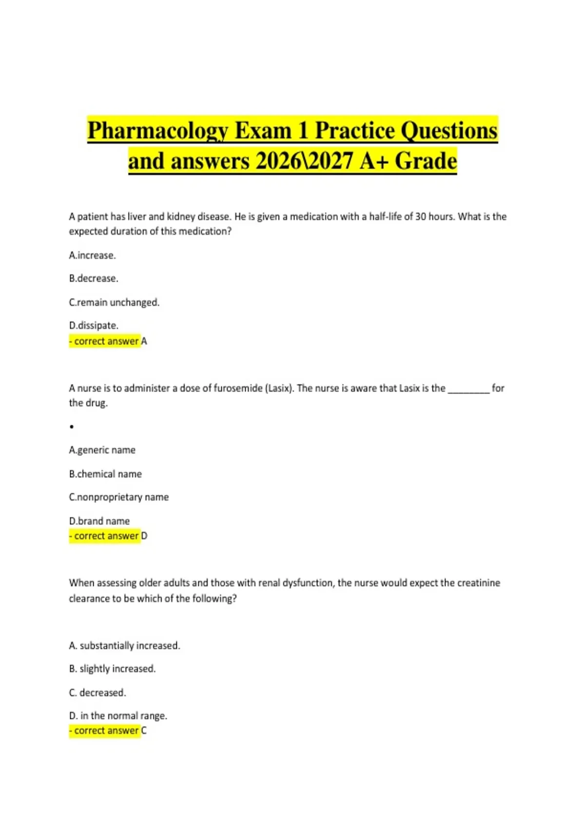 Pharmacology Exam 1 – Practice Questions and Answers 2026–2027 ...