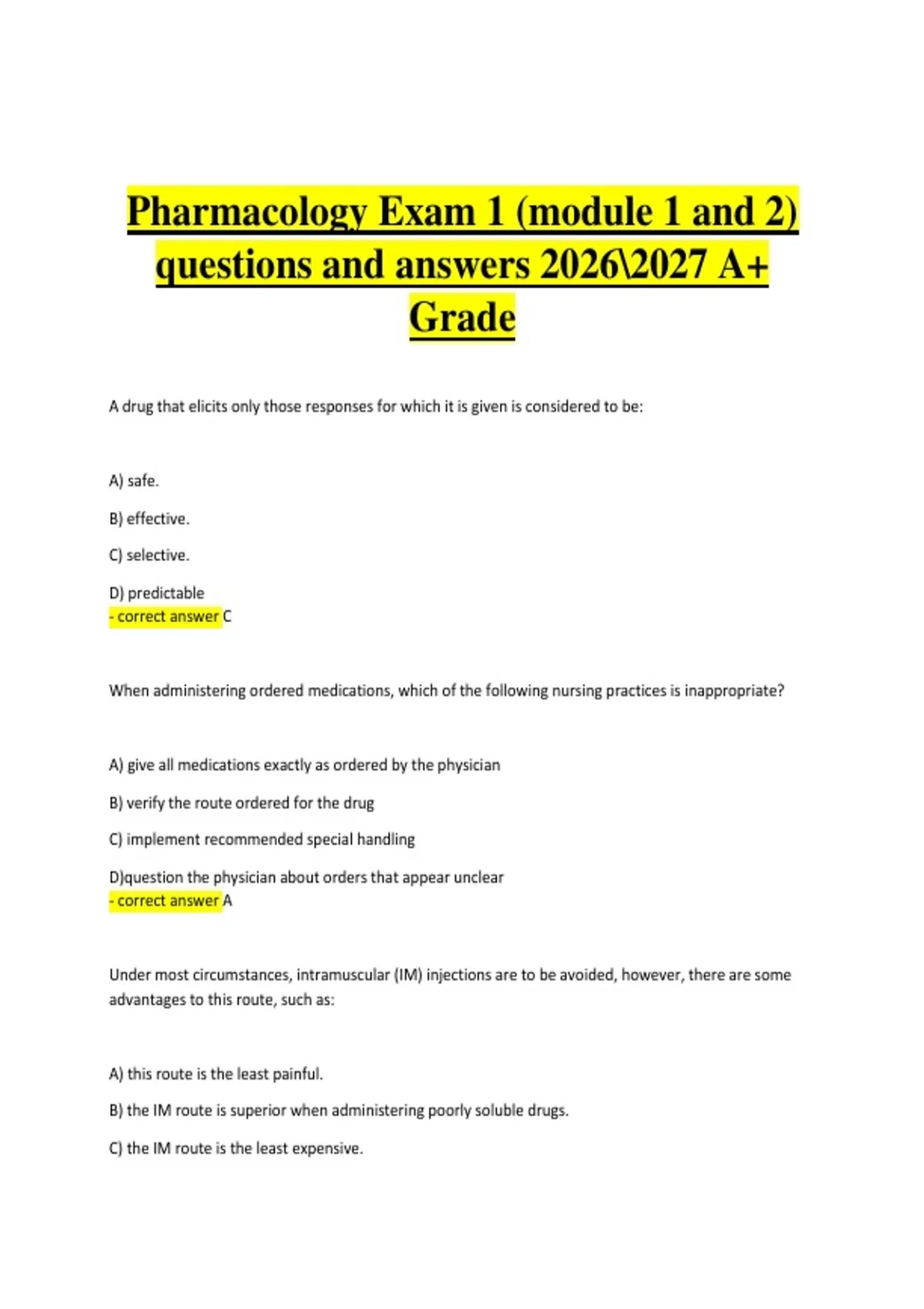 Pharmacology Exam 1 – Module 1 and 2 Questions and Answers 2026–2027 ...
