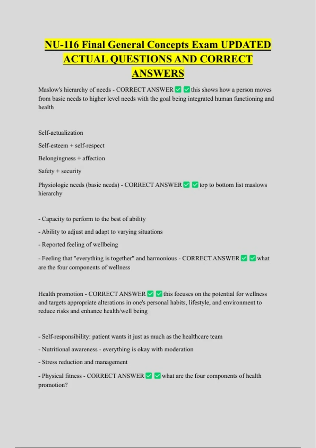 Nu-116 Final General Concepts Exam Updated Actual Questions And Correct ...