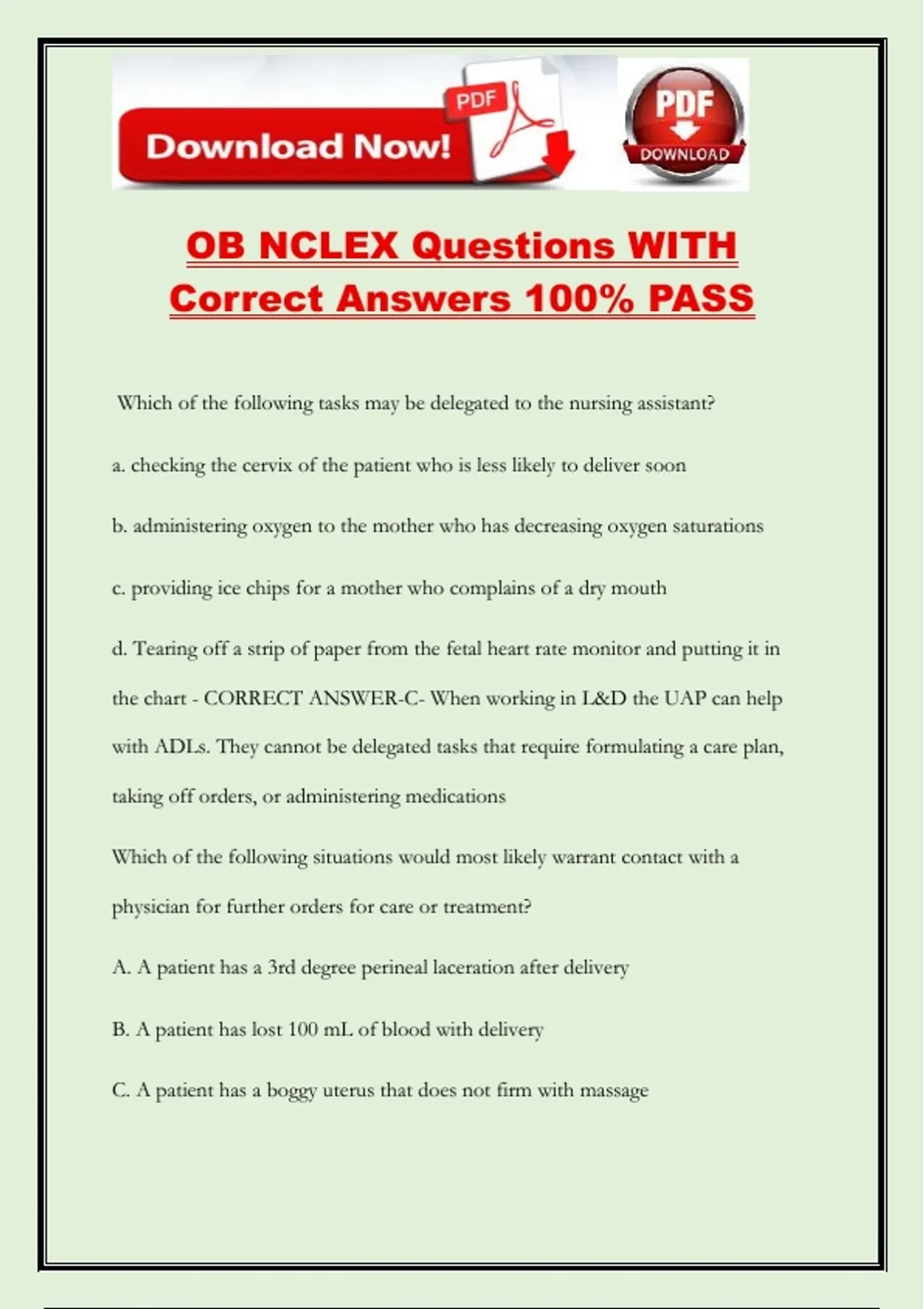 Nclx Math Questions OB NCLEX Questions WITH Correct Answers 100% PASS - Nclex - Stuvia US