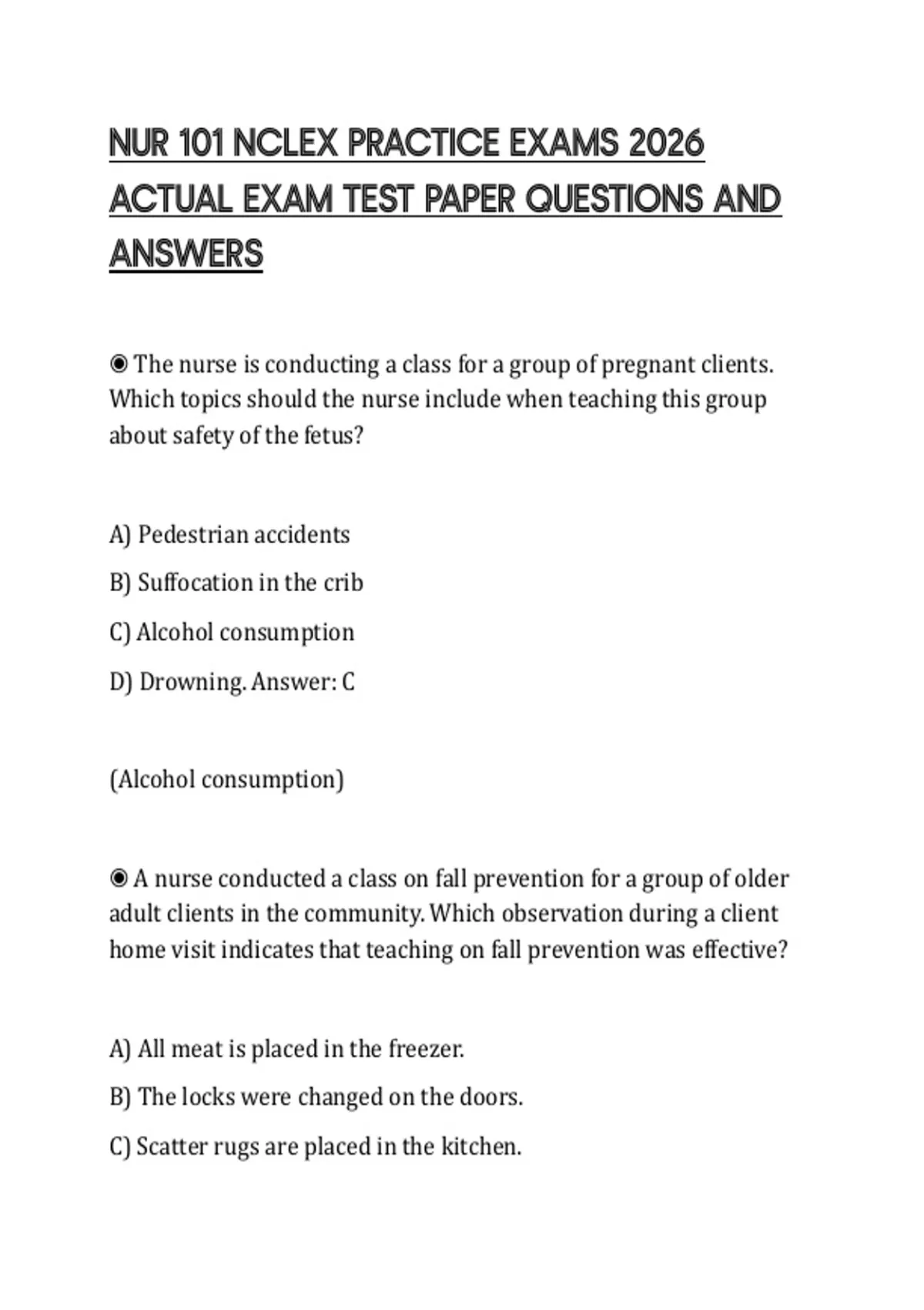 NUR 101 NCLEX PRACTICE EXAMS 2026 ACTUAL EXAM TEST PAPER QUESTIONS AND ...