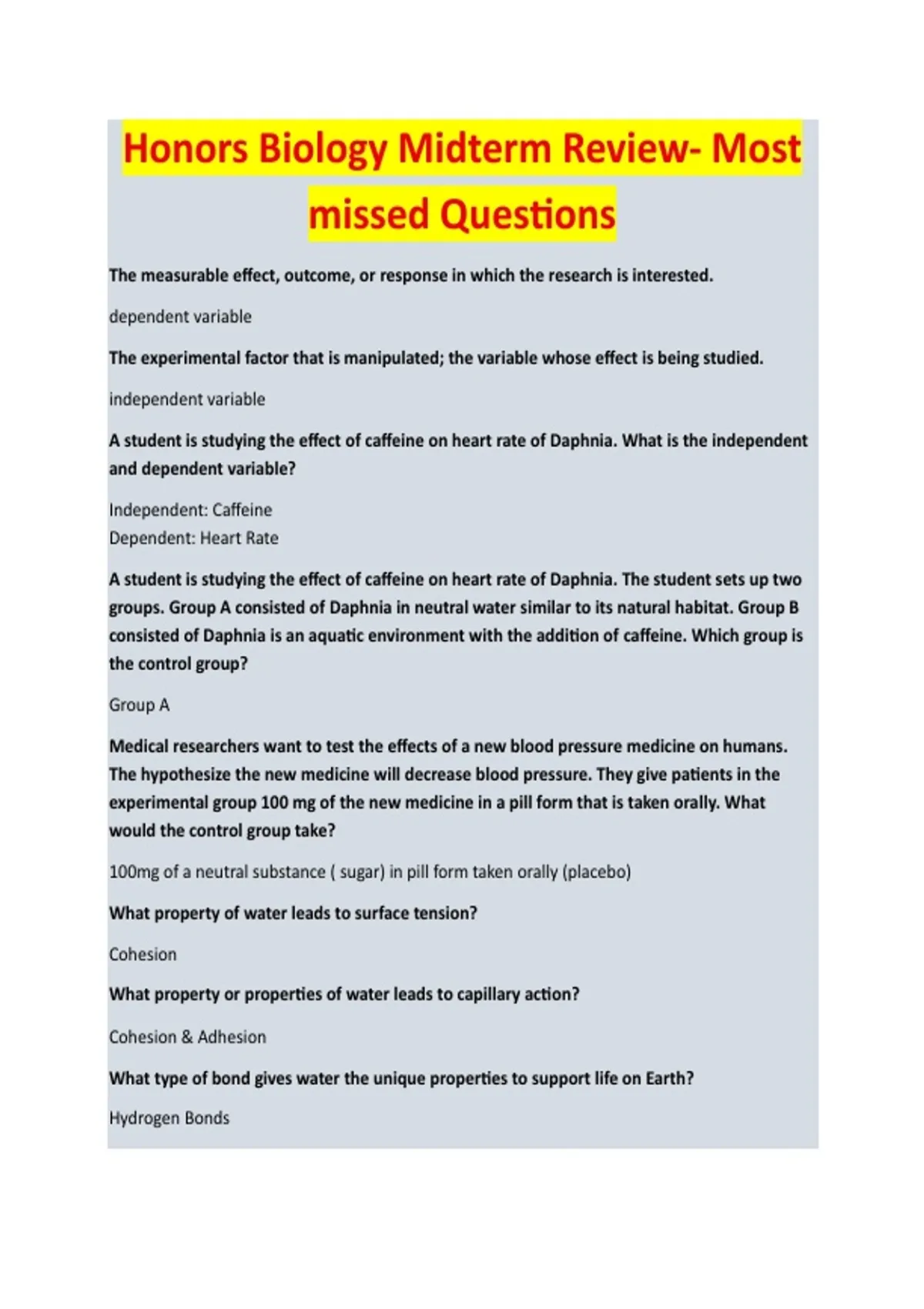 Honors Biology Midterm Review - BIOLOGY EXAM STUDY GUIDE ACCURATE ...