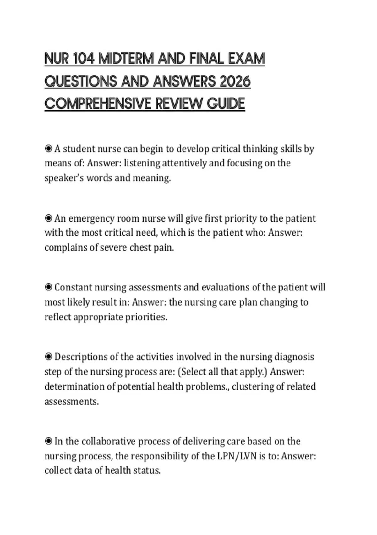 NUR 104 MIDTERM AND FINAL EXAM QUESTIONS AND ANSWERS 2026 COMPREHENSIVE ...