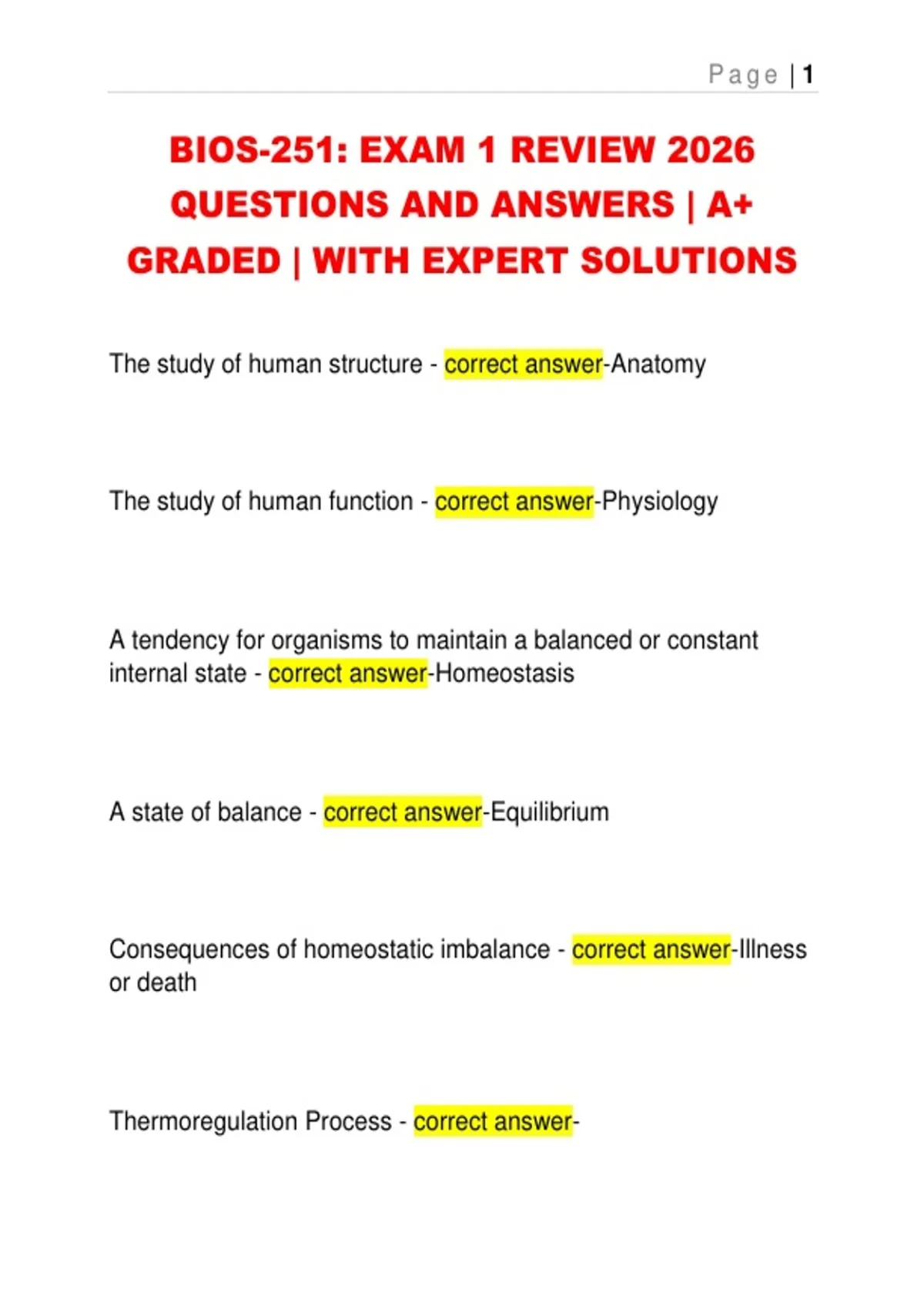 BIOS-251 Exam 1 Review 2026 | Human Anatomy & Physiology Questions and ...