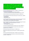 DEPARTMENT OF DEFENSE &lpar;DOD&rpar; CYBER AWARENESS CHALLENGE EXAM STUDY SET QUESTIONS WITH COMPLETE ANSWERS