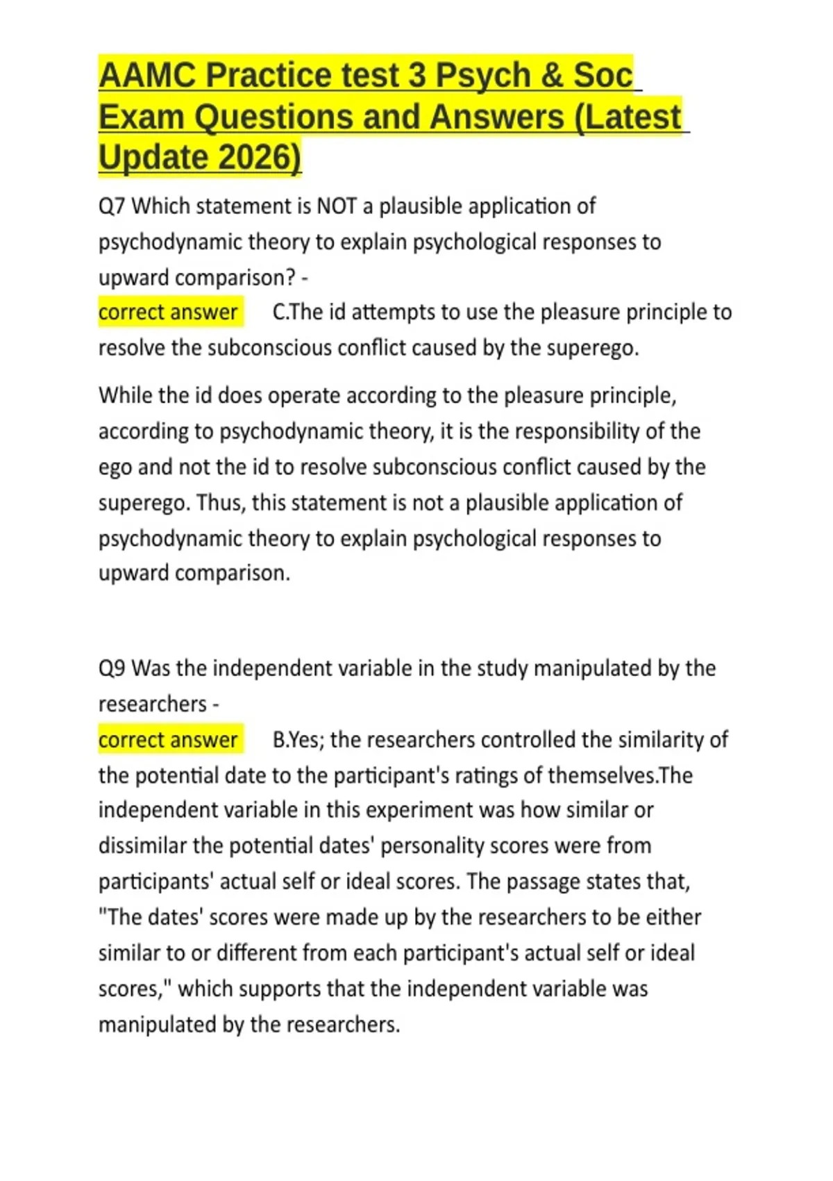 AAMC Practice test 3 Psych &amp; Soc Exam Questions and Answers (Latest Update 2026).docx - 2026 ...