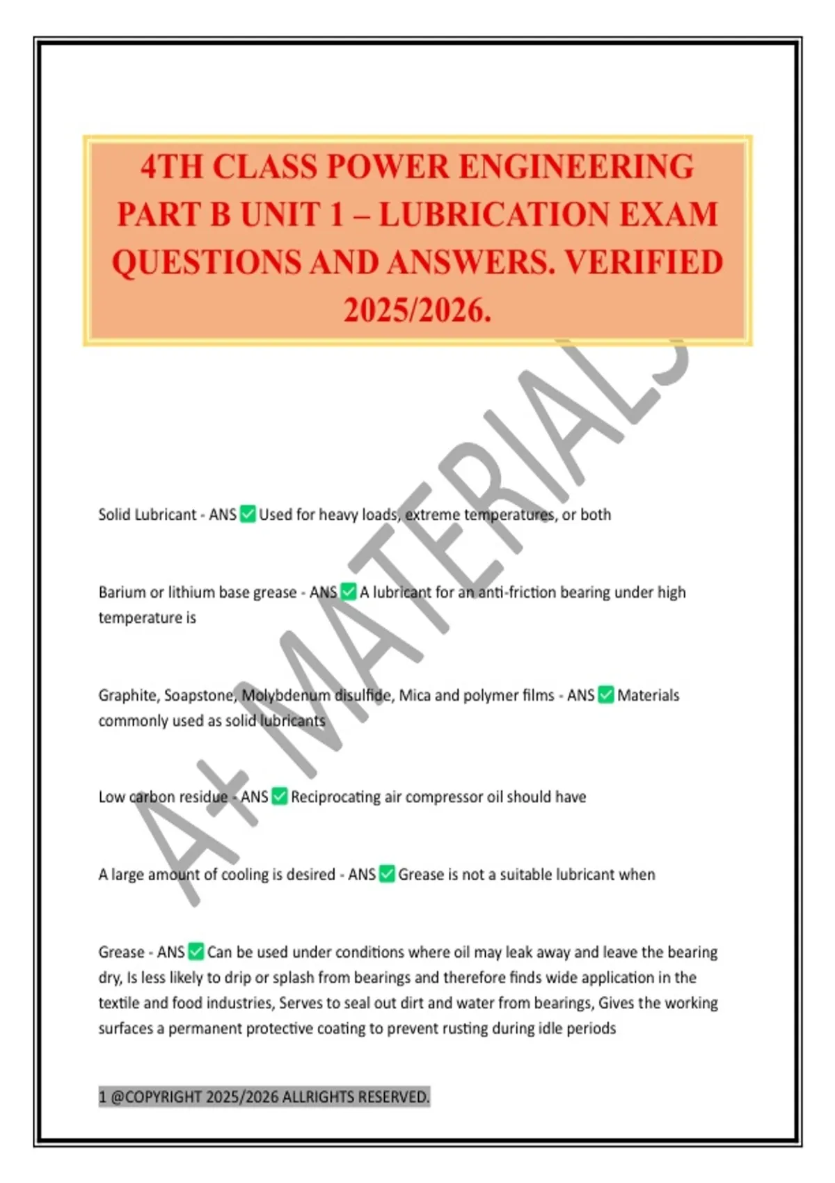 4TH CLASS POWER ENGINEERING PART B UNIT 1 – LUBRICATION EXAM QUESTIONS ...