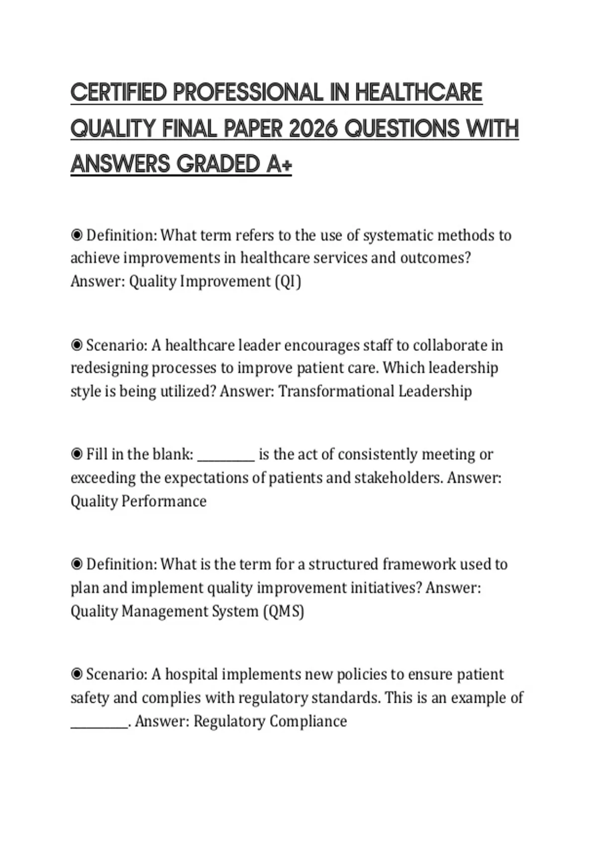 CERTIFIED PROFESSIONAL IN HEALTHCARE QUALITY FINAL PAPER 2026 QUESTIONS ...