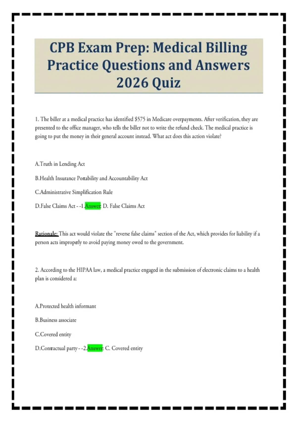 CPB Exam Prep: Medical Billing Practice Questions and Answers 2026 Quiz ...