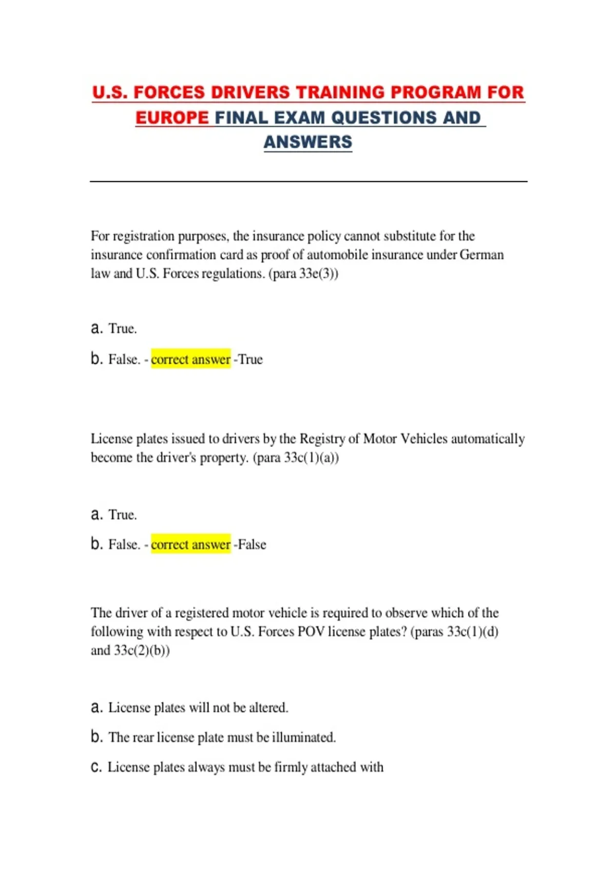 U.S. Forces Driver’s Training Program for Europe – Final Exam, USAREUR ...