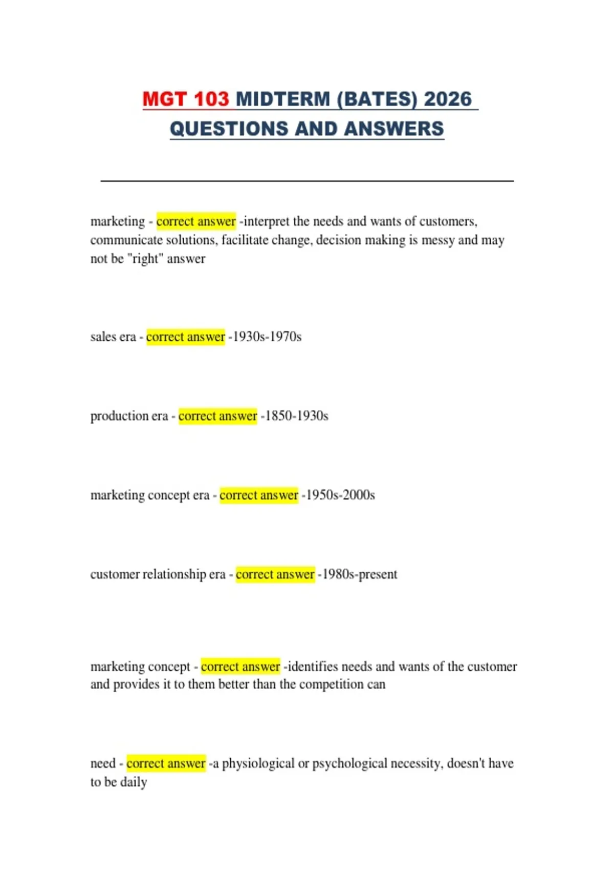 MGT 103 Midterm (Bates) 2026 – Principles of Marketing Questions and ...