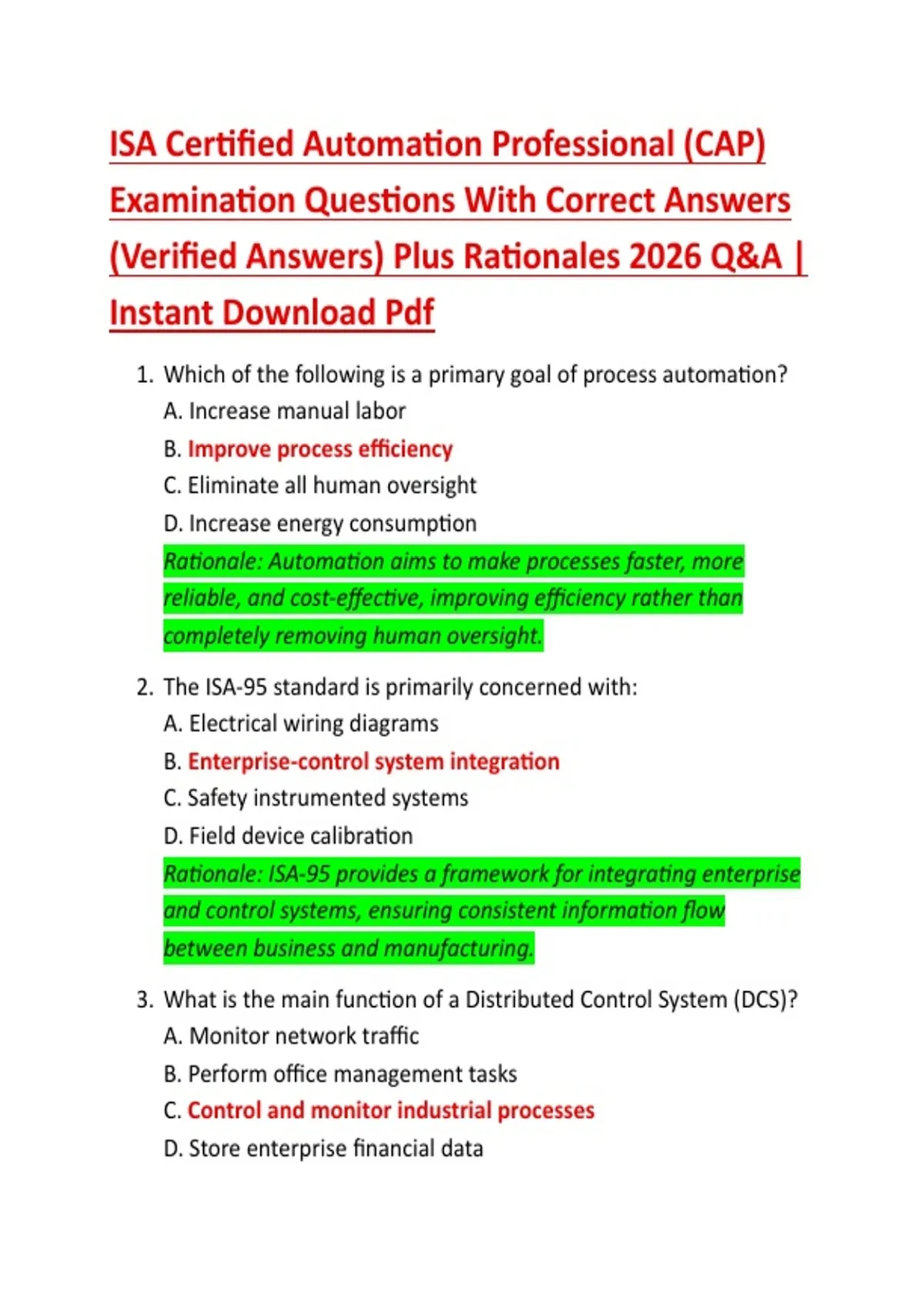 ISA Certified Automation Professional (CAP) Examination Questions With Correct Answers (Verified ...