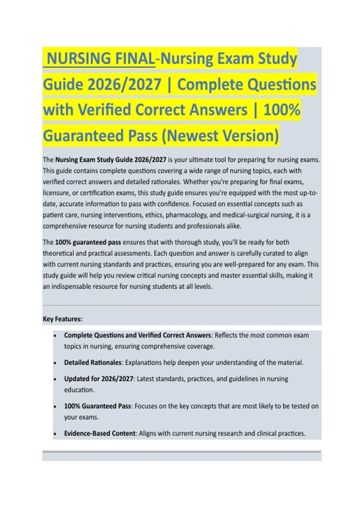 NURS 100 Nursing Final - NURSING EXAM STUDY GUIDE ACCURATE QUESTIONS ...