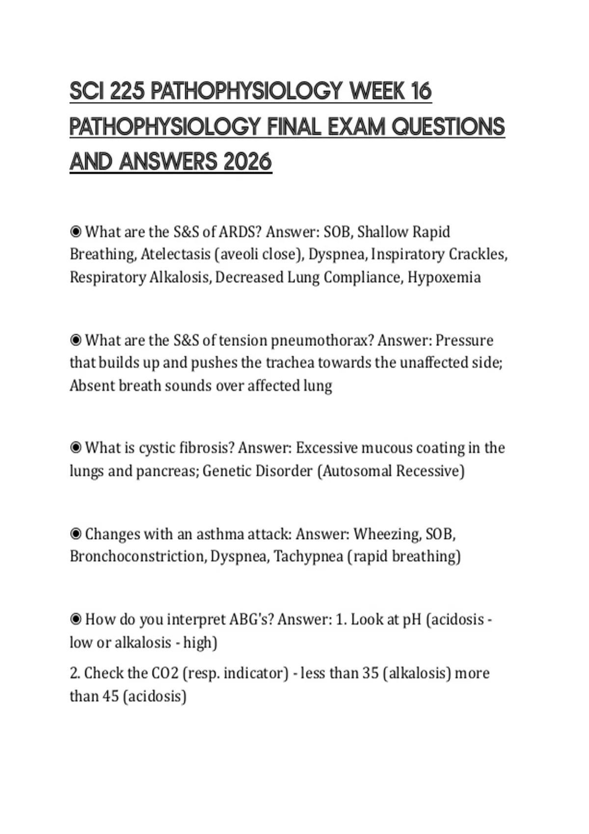 SCI 225 PATHOPHYSIOLOGY WEEK 16 PATHOPHYSIOLOGY FINAL EXAM QUESTIONS ...
